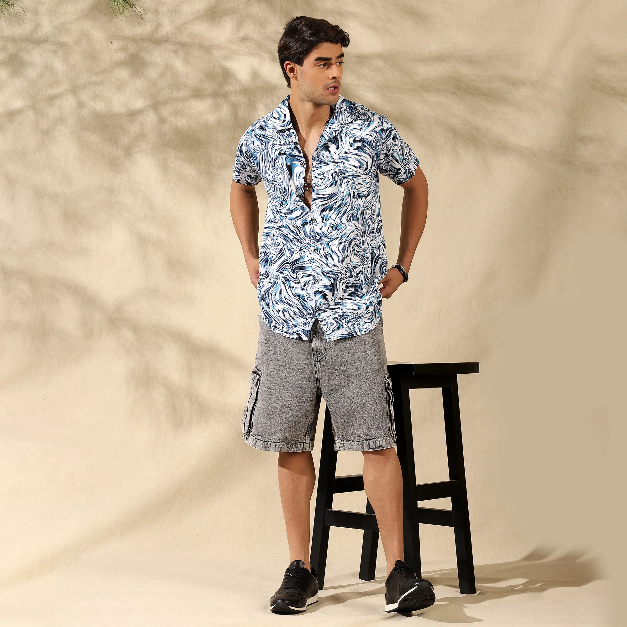 BLUE HALF CASUAL PRINTED COTTON SHIRT REGULAR FIT FOR MEN - Image 4
