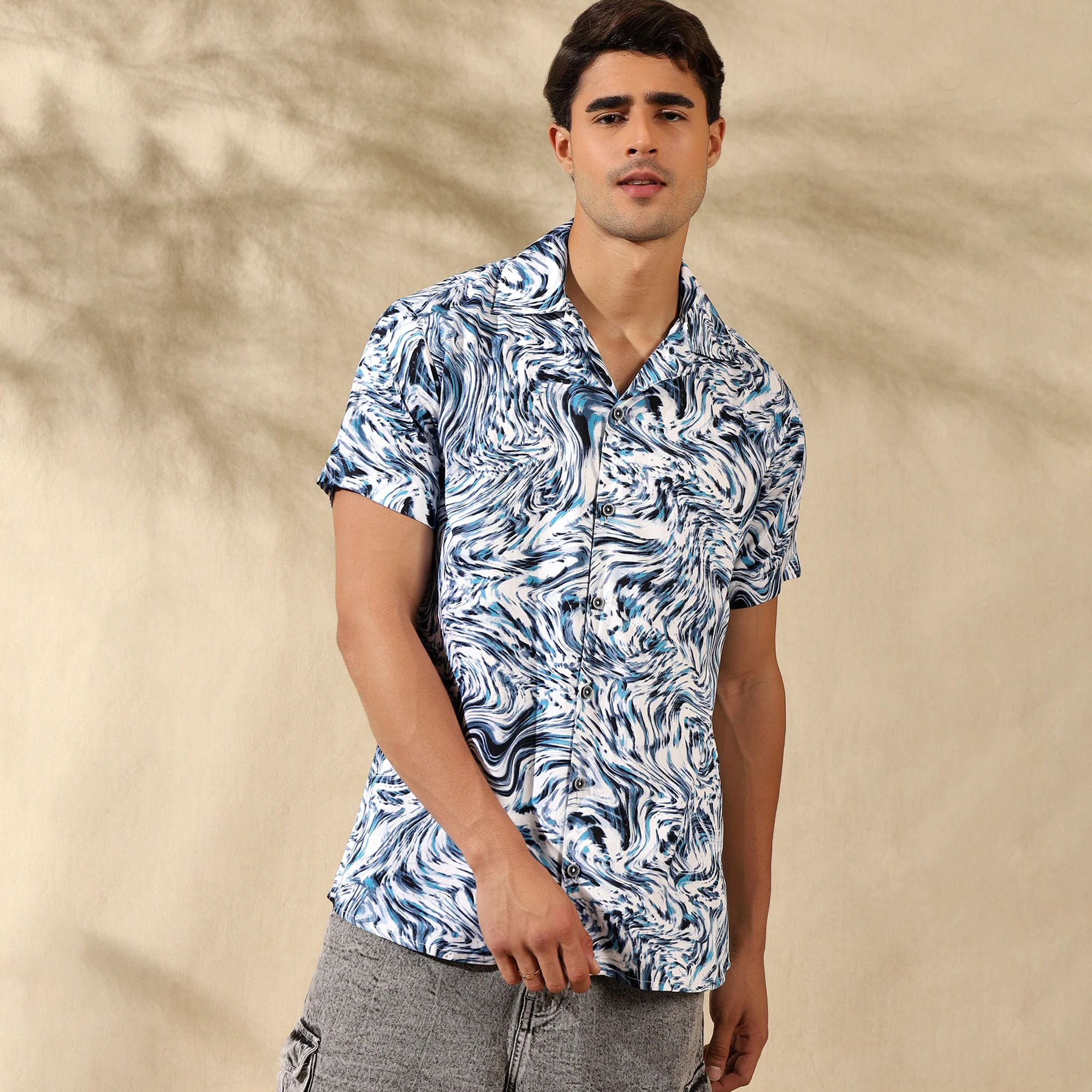 BLUE HALF CASUAL PRINTED COTTON SHIRT REGULAR FIT FOR MEN - Image 7