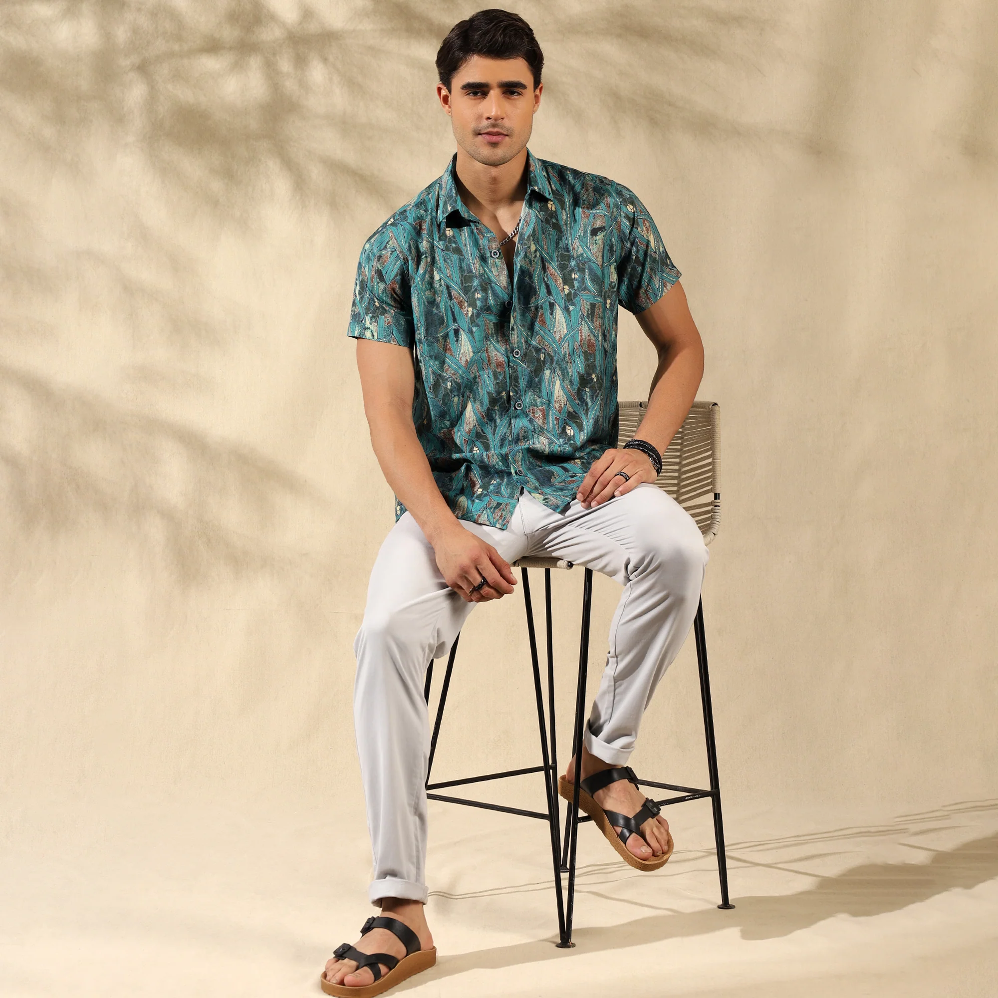 BLUE HALF CASUAL PRINTED COTTON SHIRT REGULAR FIT FOR MEN - Image 4