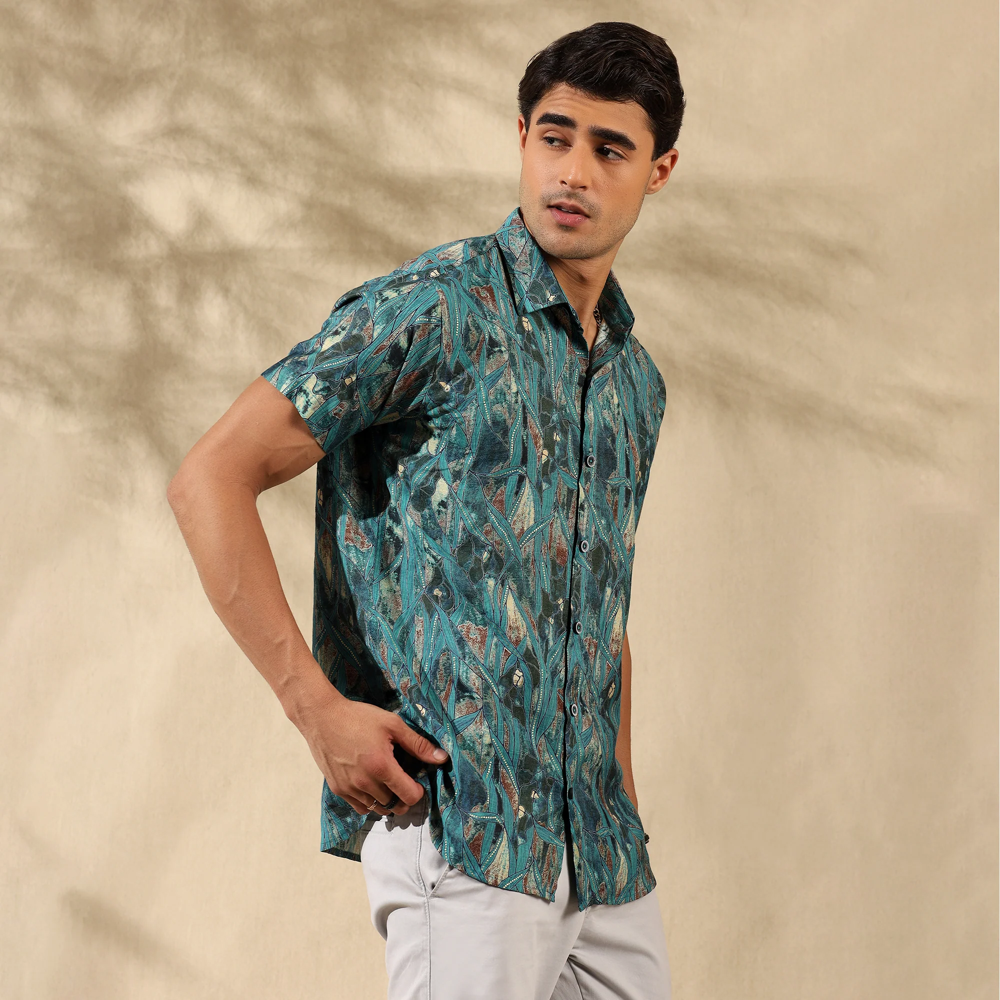 BLUE HALF CASUAL PRINTED COTTON SHIRT REGULAR FIT FOR MEN - Image 5