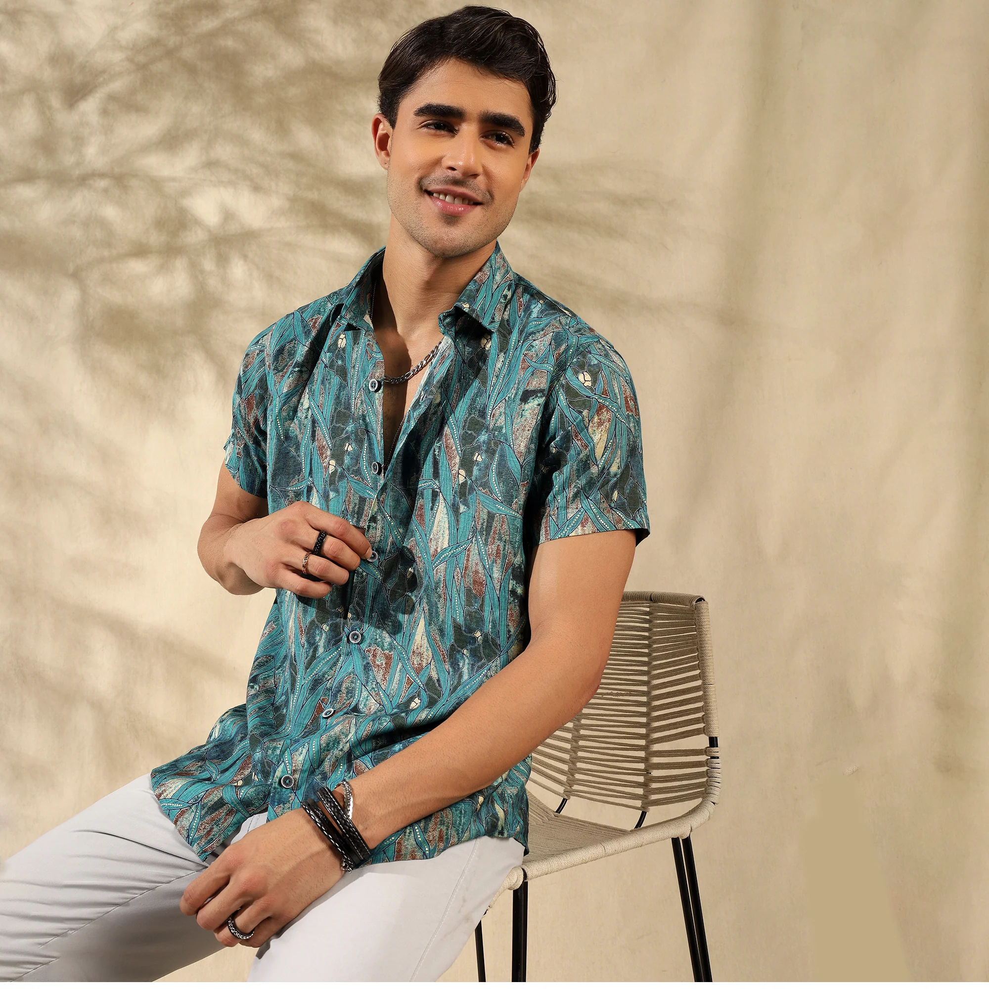 BLUE HALF CASUAL PRINTED COTTON SHIRT REGULAR FIT FOR MEN - Image 6