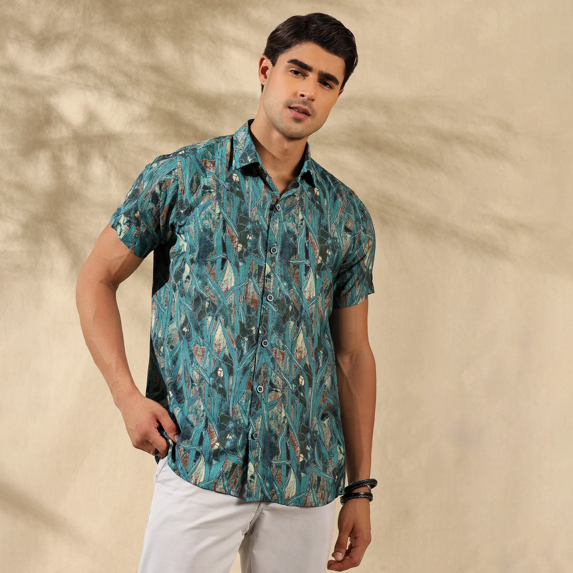 BLUE HALF CASUAL PRINTED COTTON SHIRT REGULAR FIT FOR MEN - Image 7