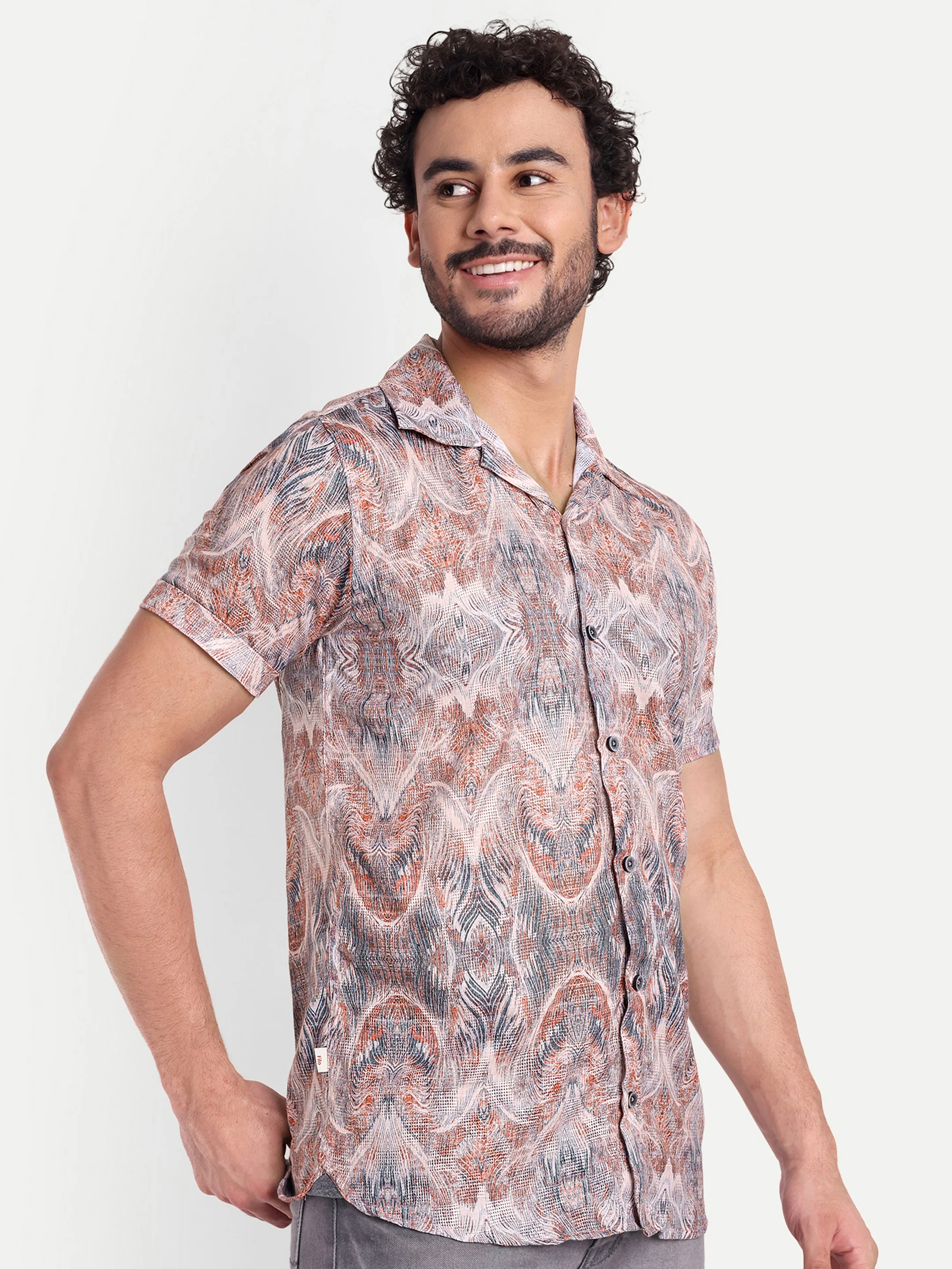 Blue Orange Printed Textured Half Shirt - Image 3