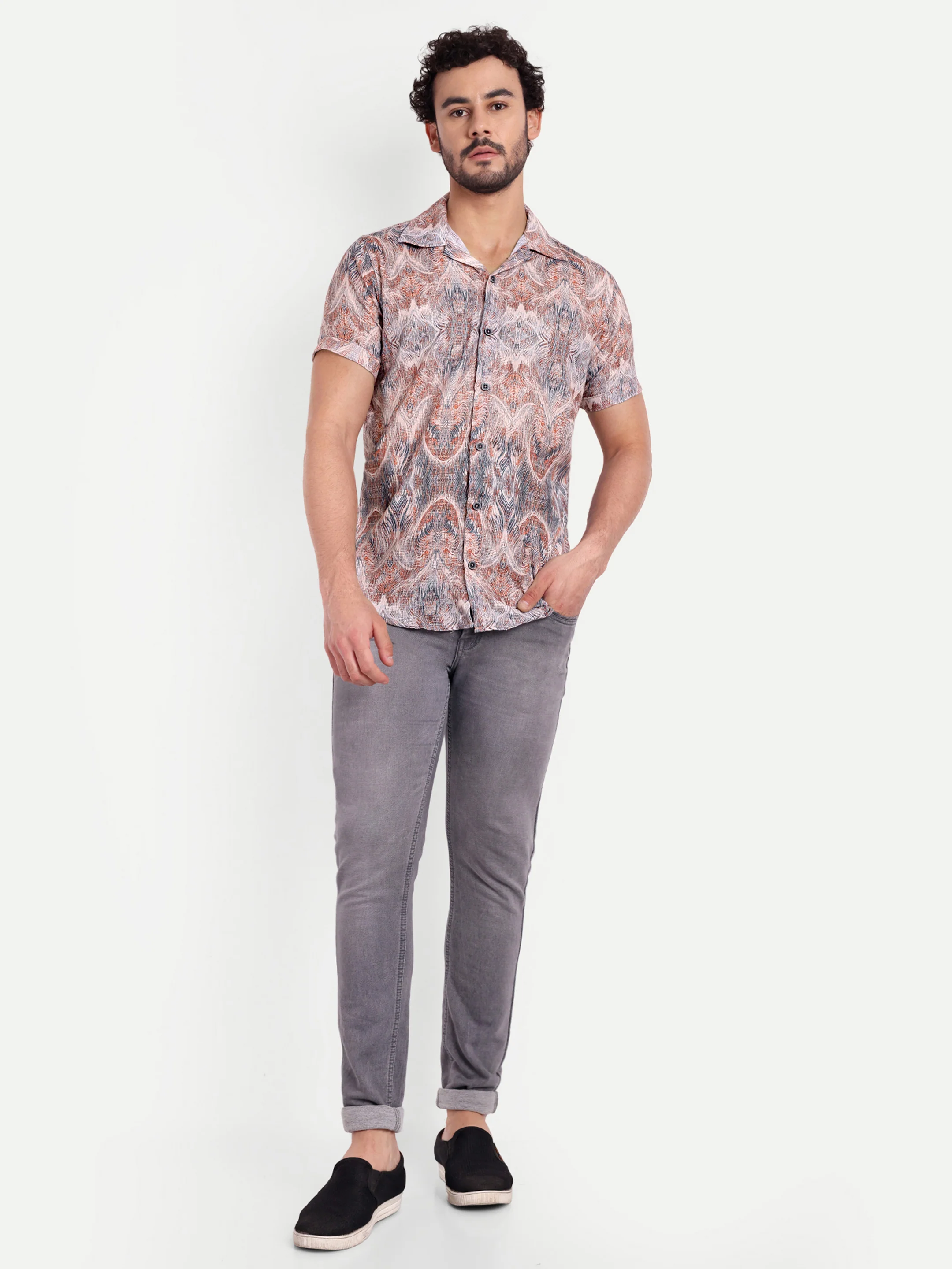 Blue Orange Printed Textured Half Shirt - Image 4