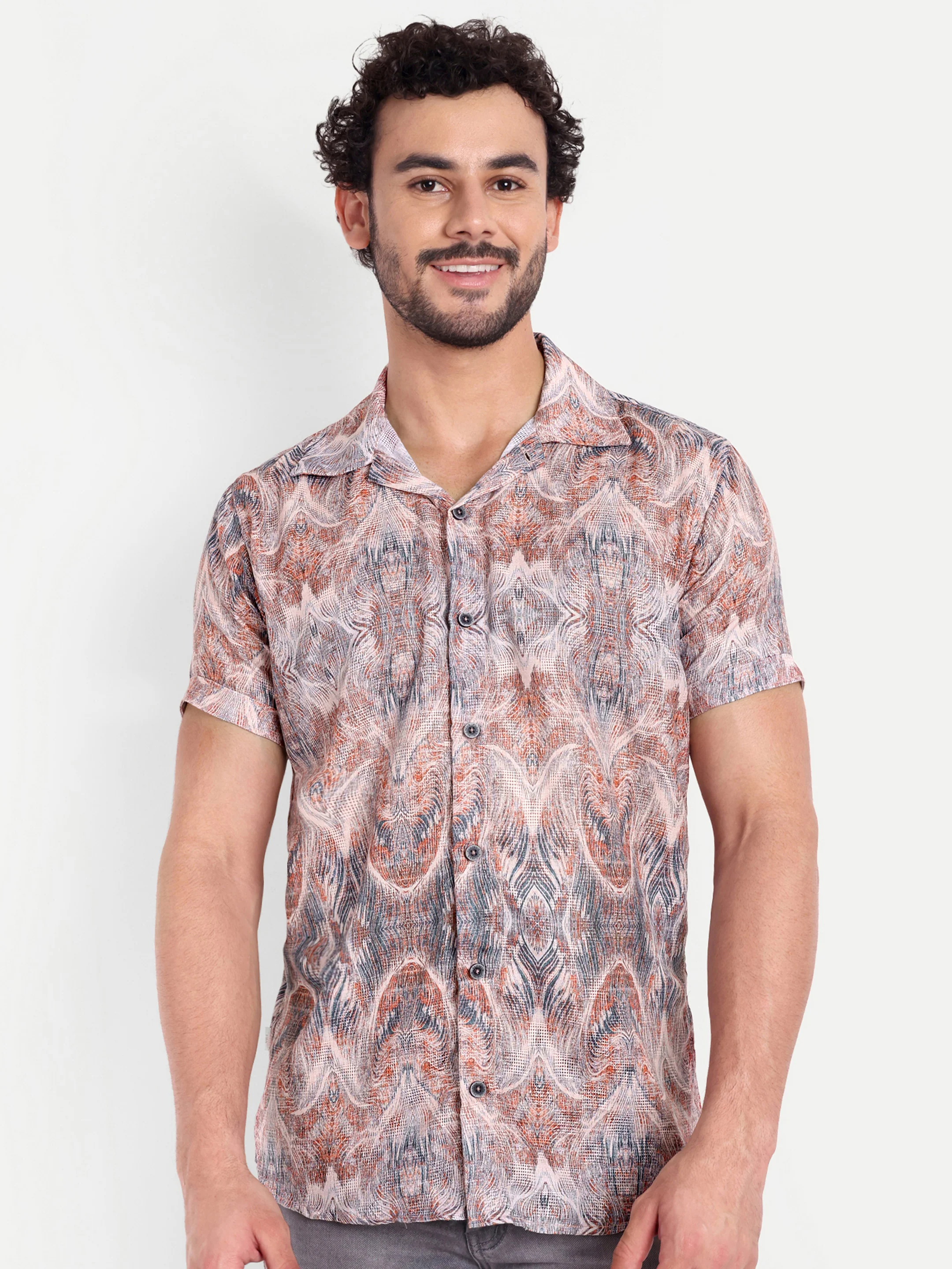 Blue Orange Printed Textured Half Shirt - Image 5