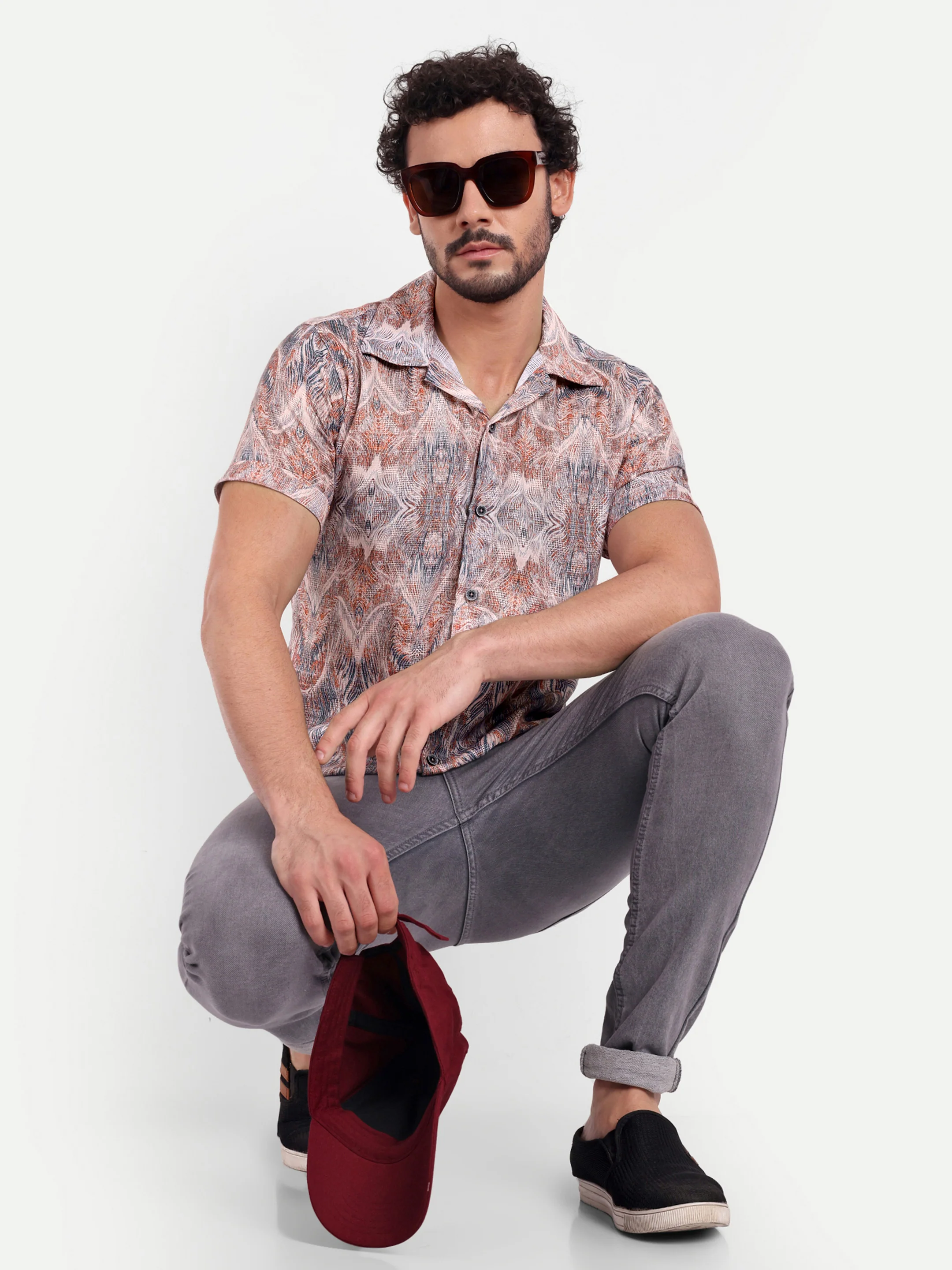 Blue Orange Printed Textured Half Shirt - Image 6