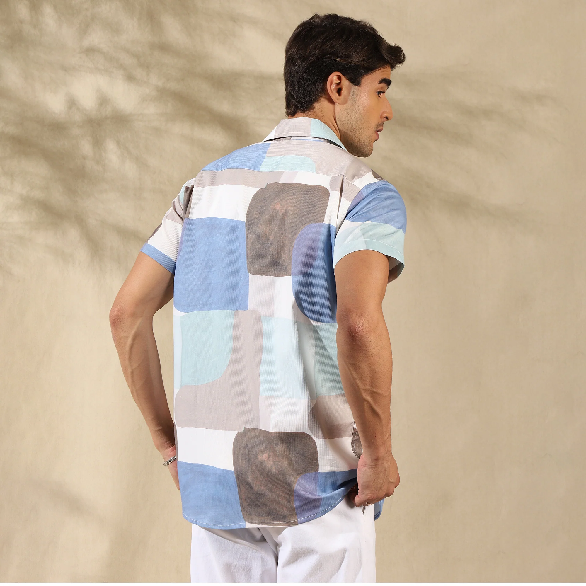 BLUE WHITE HALF CASUAL PRINTED COTTON SHIRT REGULAR FIT FOR MEN - Image 3