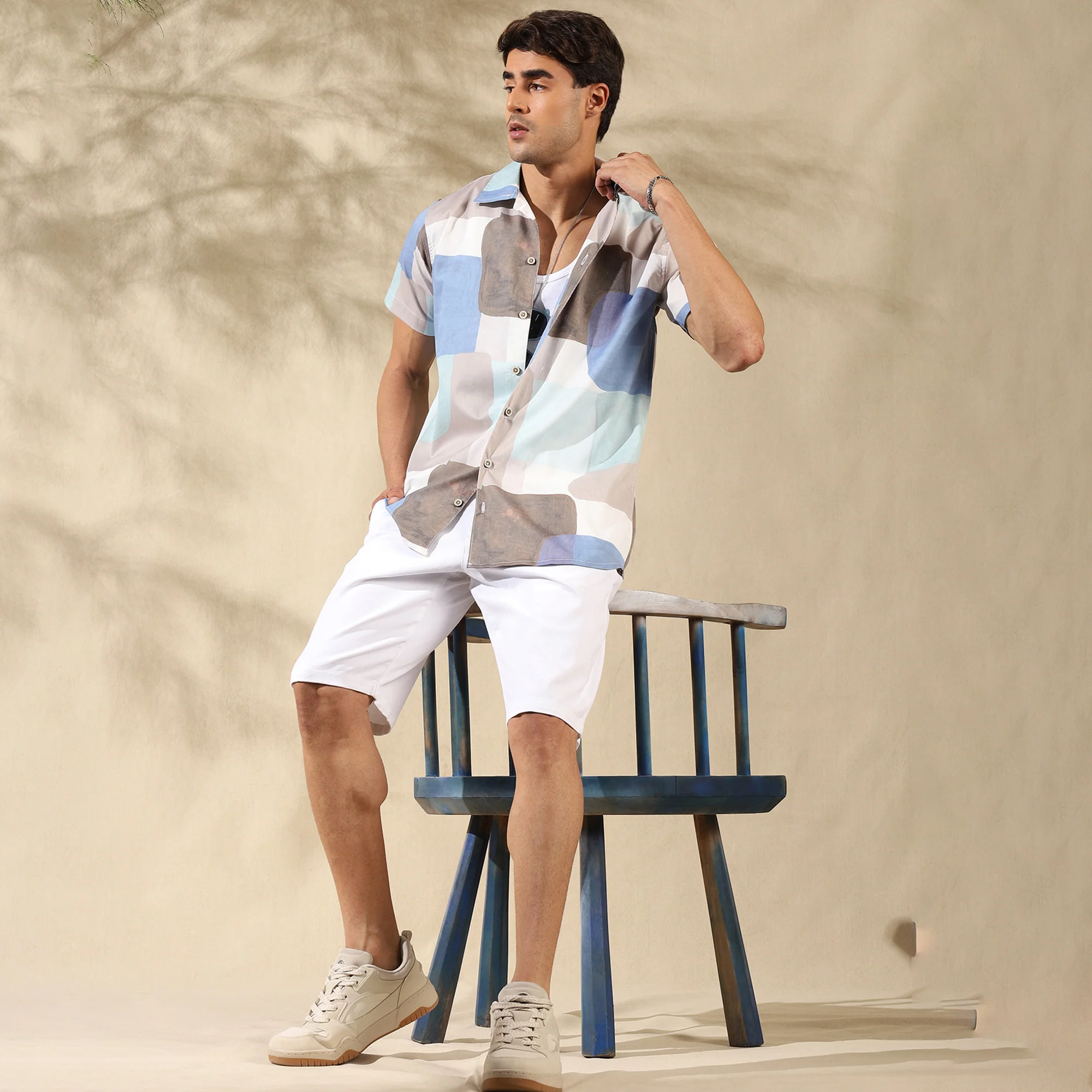 BLUE WHITE HALF CASUAL PRINTED COTTON SHIRT REGULAR FIT FOR MEN - Image 4