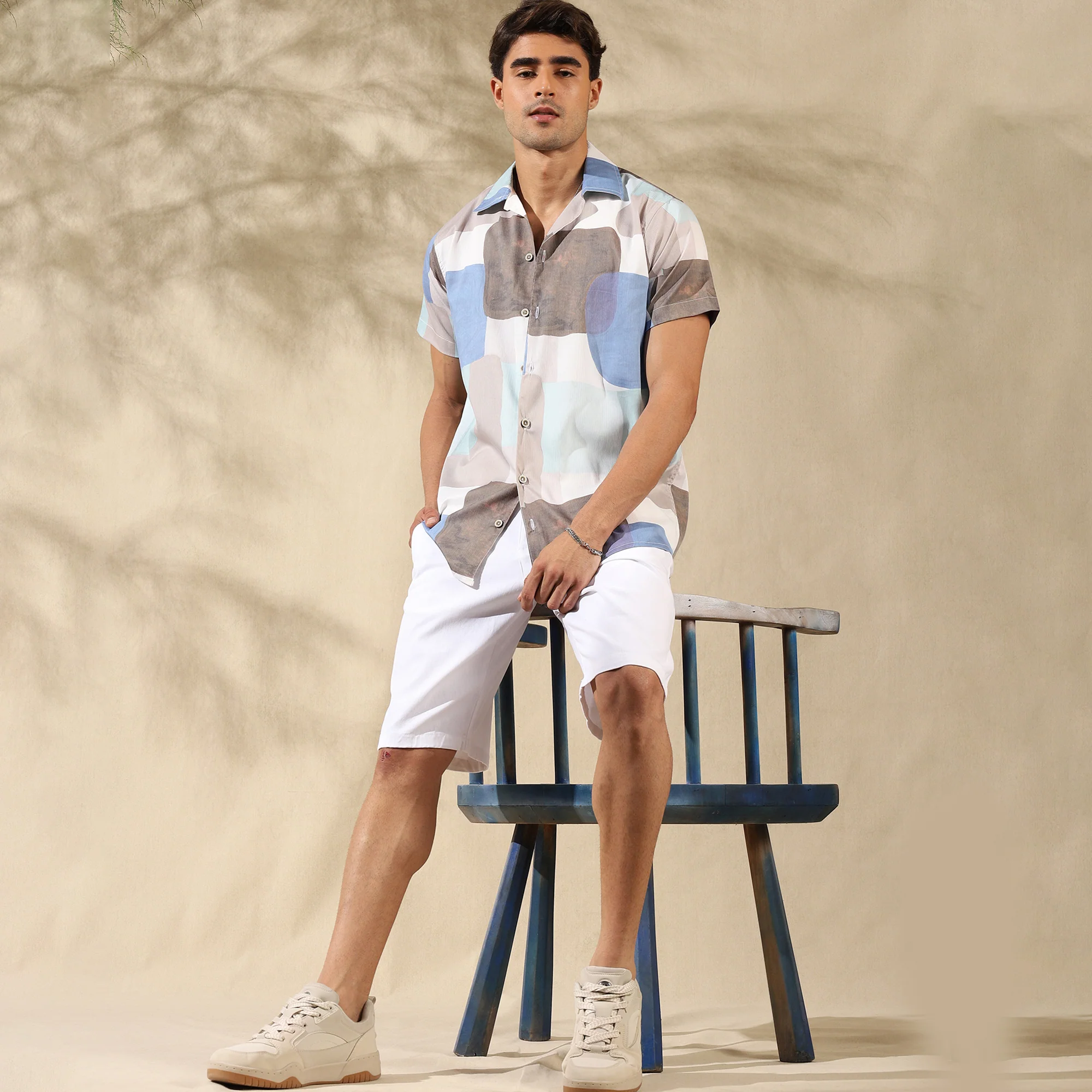 BLUE WHITE HALF CASUAL PRINTED COTTON SHIRT REGULAR FIT FOR MEN - Image 6