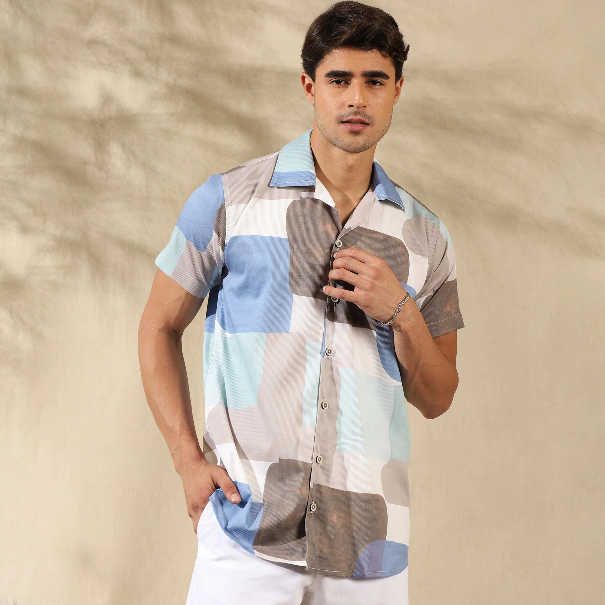 BLUE WHITE HALF CASUAL PRINTED COTTON SHIRT REGULAR FIT FOR MEN - Image 7