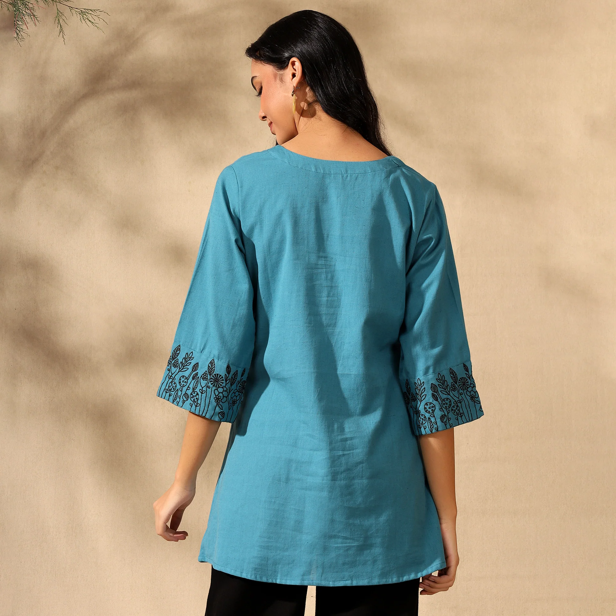 BOTANICAL EMBROIDERED COTTON KURTI FOR WOMEN | PERFECT FEMALE TUNIC FOR EVERYDAY WEAR | BLUE - Image 3