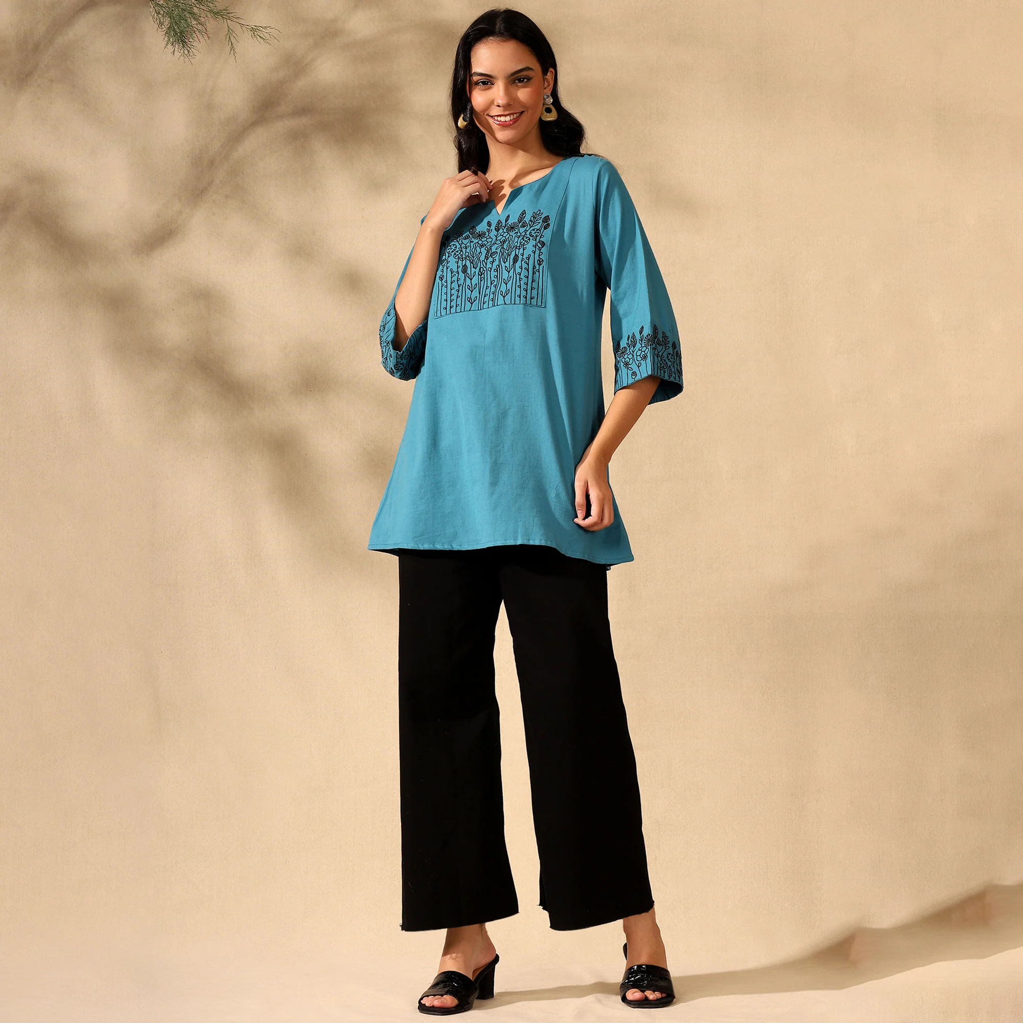 BOTANICAL EMBROIDERED COTTON KURTI FOR WOMEN | PERFECT FEMALE TUNIC FOR EVERYDAY WEAR | BLUE - Image 4