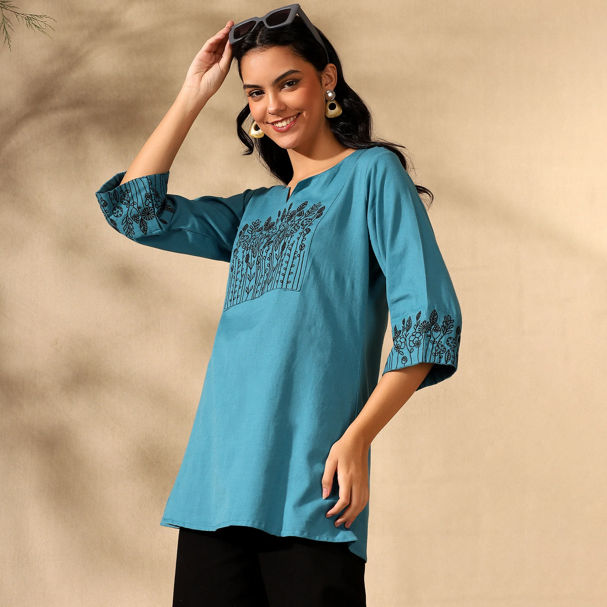 BOTANICAL EMBROIDERED COTTON KURTI FOR WOMEN | PERFECT FEMALE TUNIC FOR EVERYDAY WEAR | BLUE - Image 5