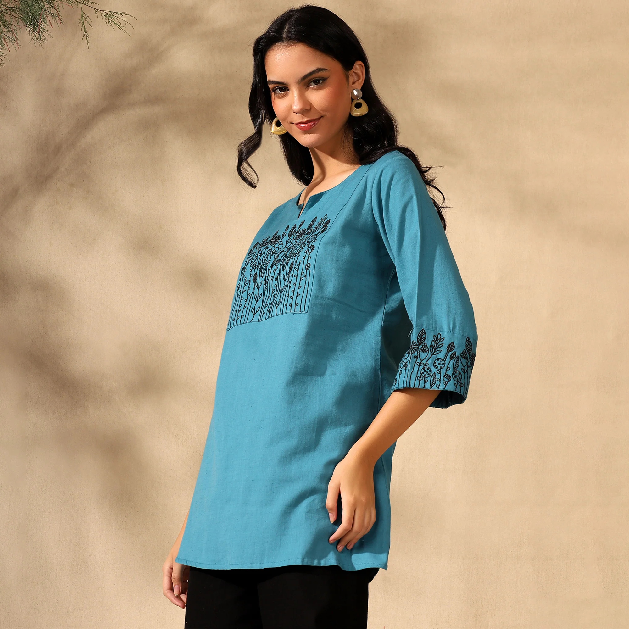 BOTANICAL EMBROIDERED COTTON KURTI FOR WOMEN | PERFECT FEMALE TUNIC FOR EVERYDAY WEAR | BLUE - Image 6