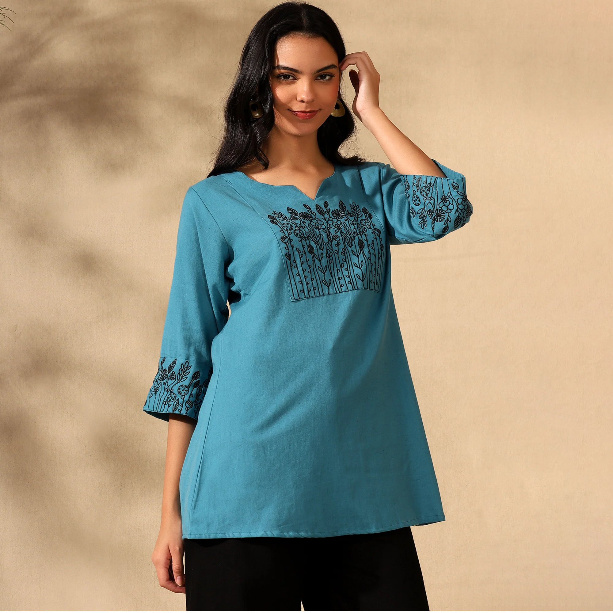BOTANICAL EMBROIDERED COTTON KURTI FOR WOMEN | PERFECT FEMALE TUNIC FOR EVERYDAY WEAR | BLUE - Image 7