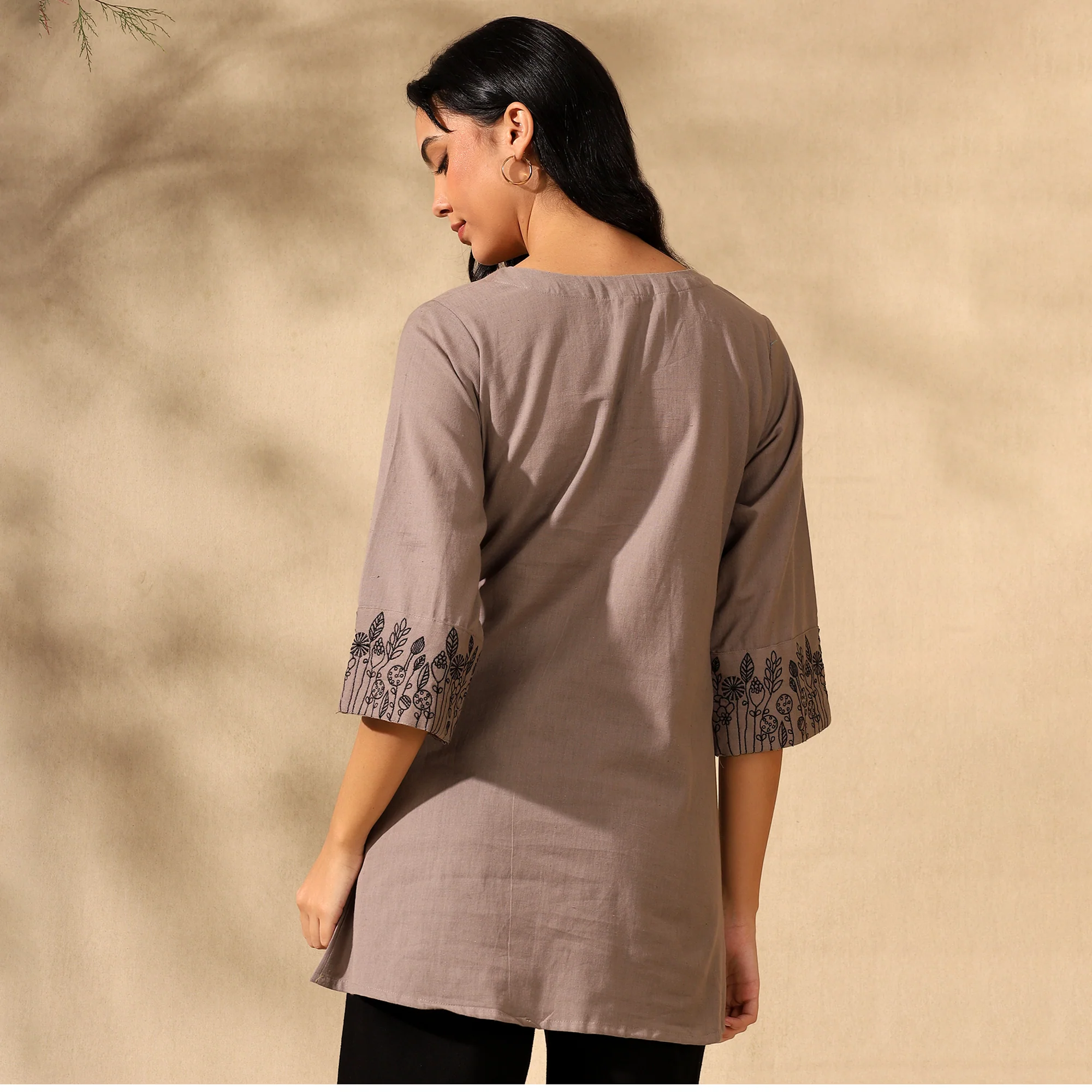 BOTANICAL EMBROIDERED COTTON KURTI FOR WOMEN | PERFECT FEMALE TUNIC FOR EVERYDAY WEAR | BROWN - Image 3