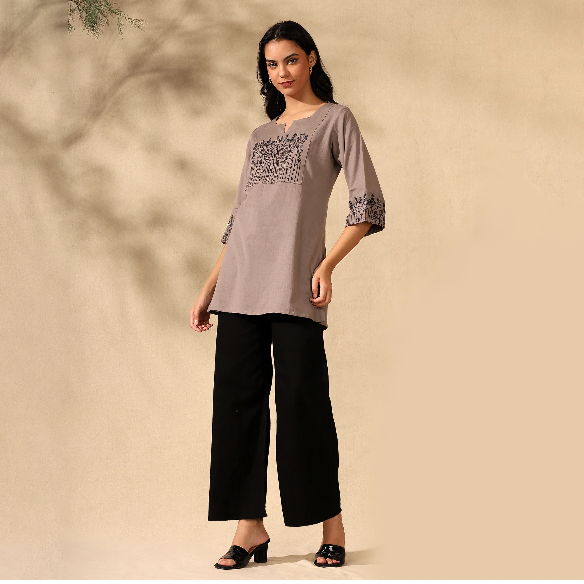 BOTANICAL EMBROIDERED COTTON KURTI FOR WOMEN | PERFECT FEMALE TUNIC FOR EVERYDAY WEAR | BROWN - Image 4