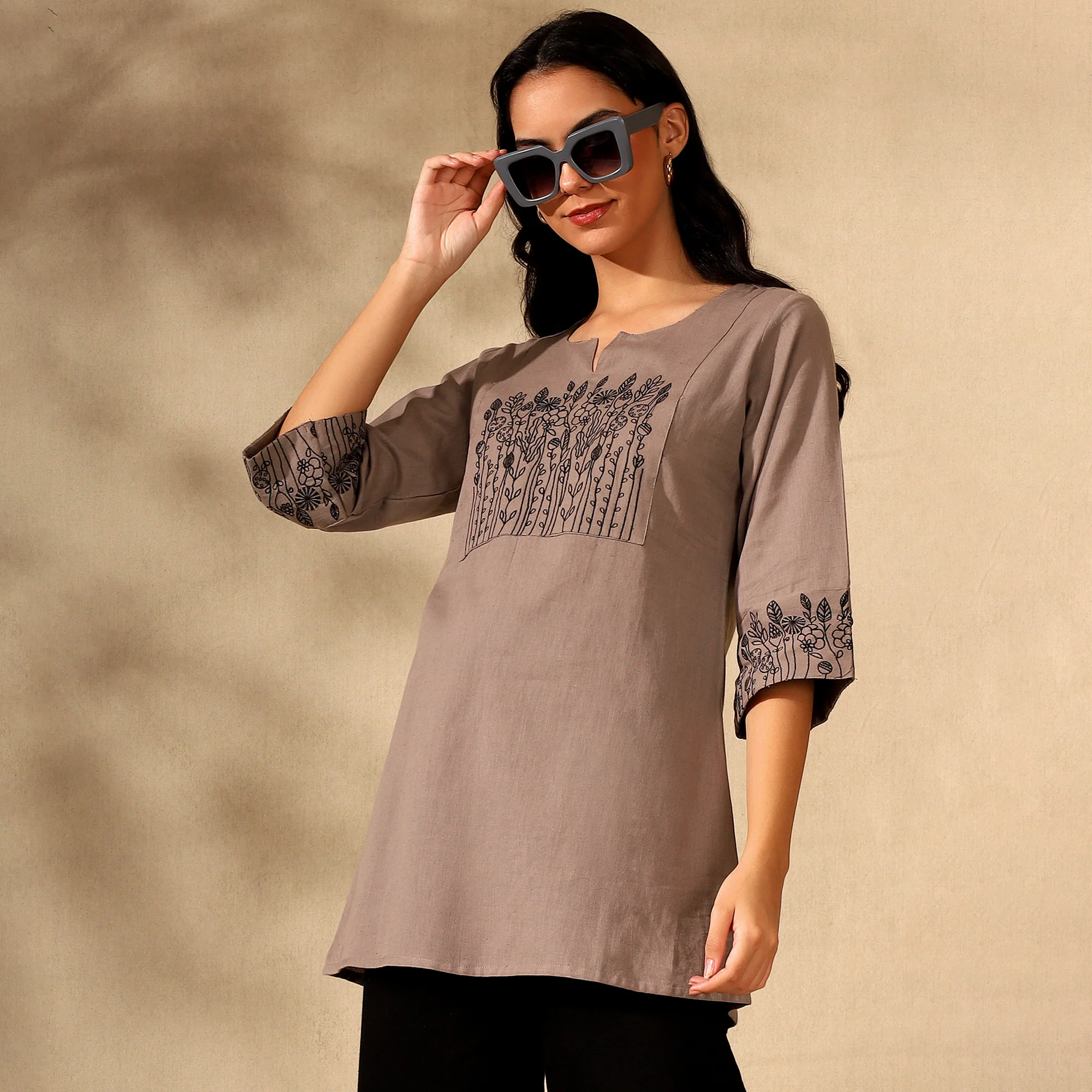 BOTANICAL EMBROIDERED COTTON KURTI FOR WOMEN | PERFECT FEMALE TUNIC FOR EVERYDAY WEAR | BROWN - Image 5