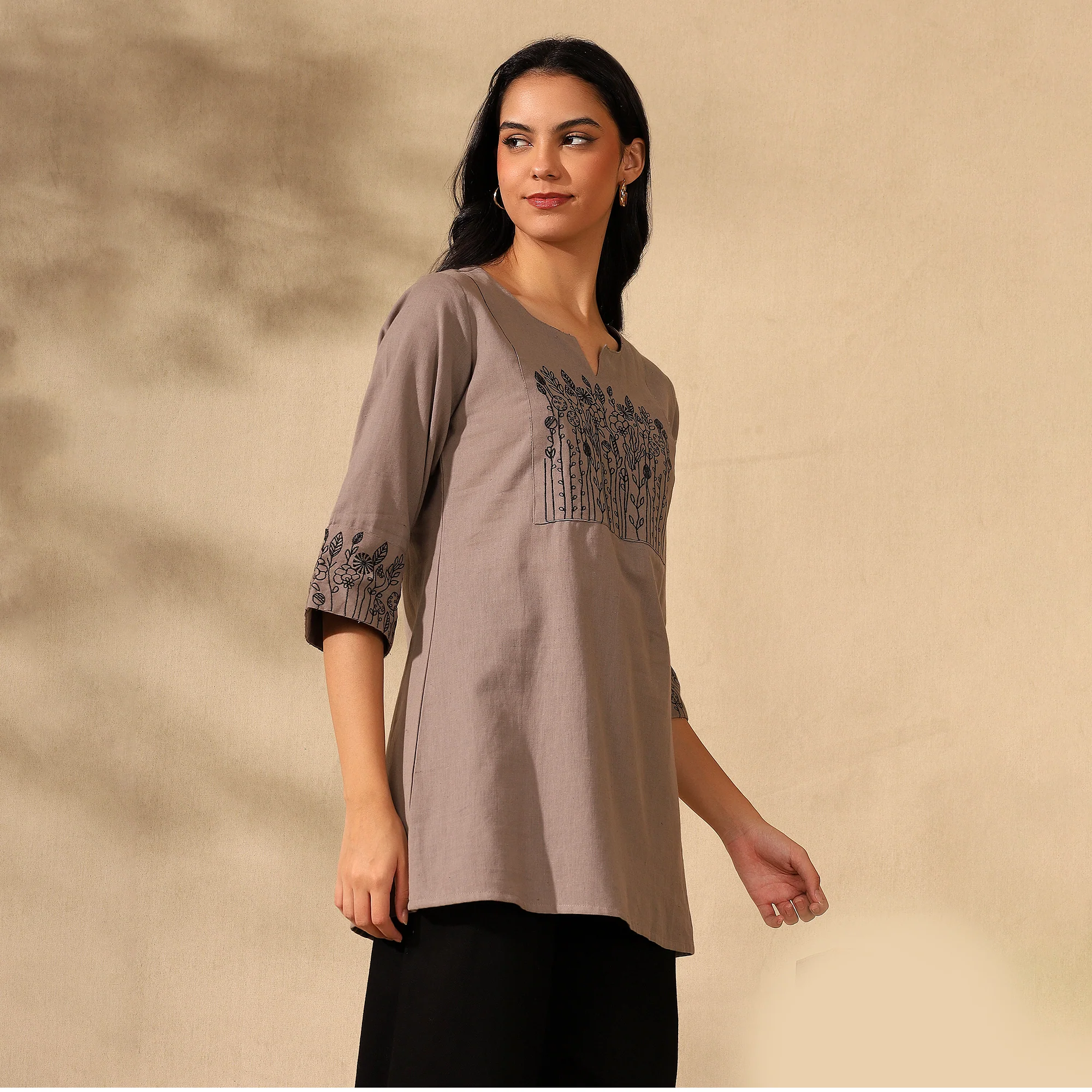 BOTANICAL EMBROIDERED COTTON KURTI FOR WOMEN | PERFECT FEMALE TUNIC FOR EVERYDAY WEAR | BROWN - Image 6