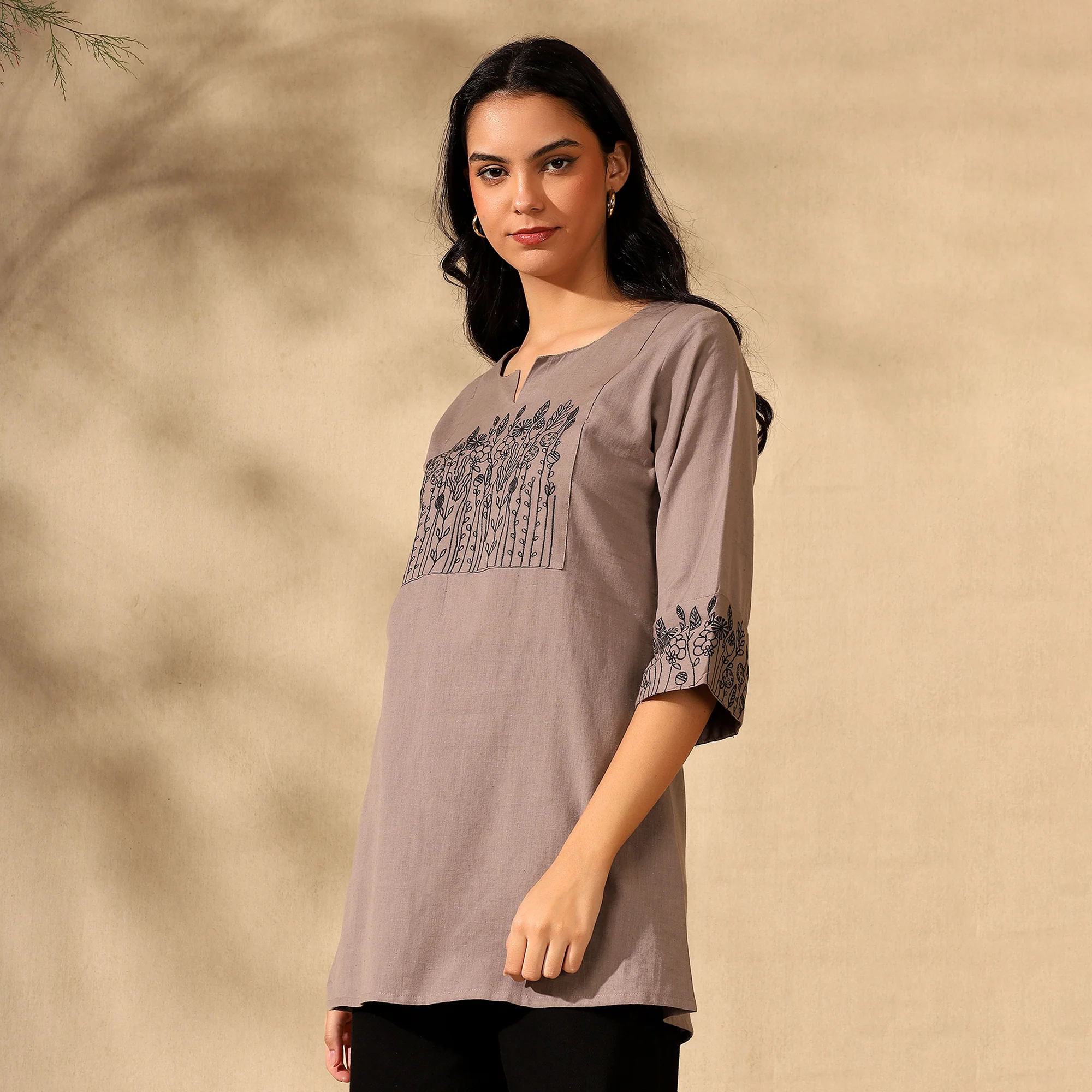 BOTANICAL EMBROIDERED COTTON KURTI FOR WOMEN | PERFECT FEMALE TUNIC FOR EVERYDAY WEAR | BROWN - Image 7