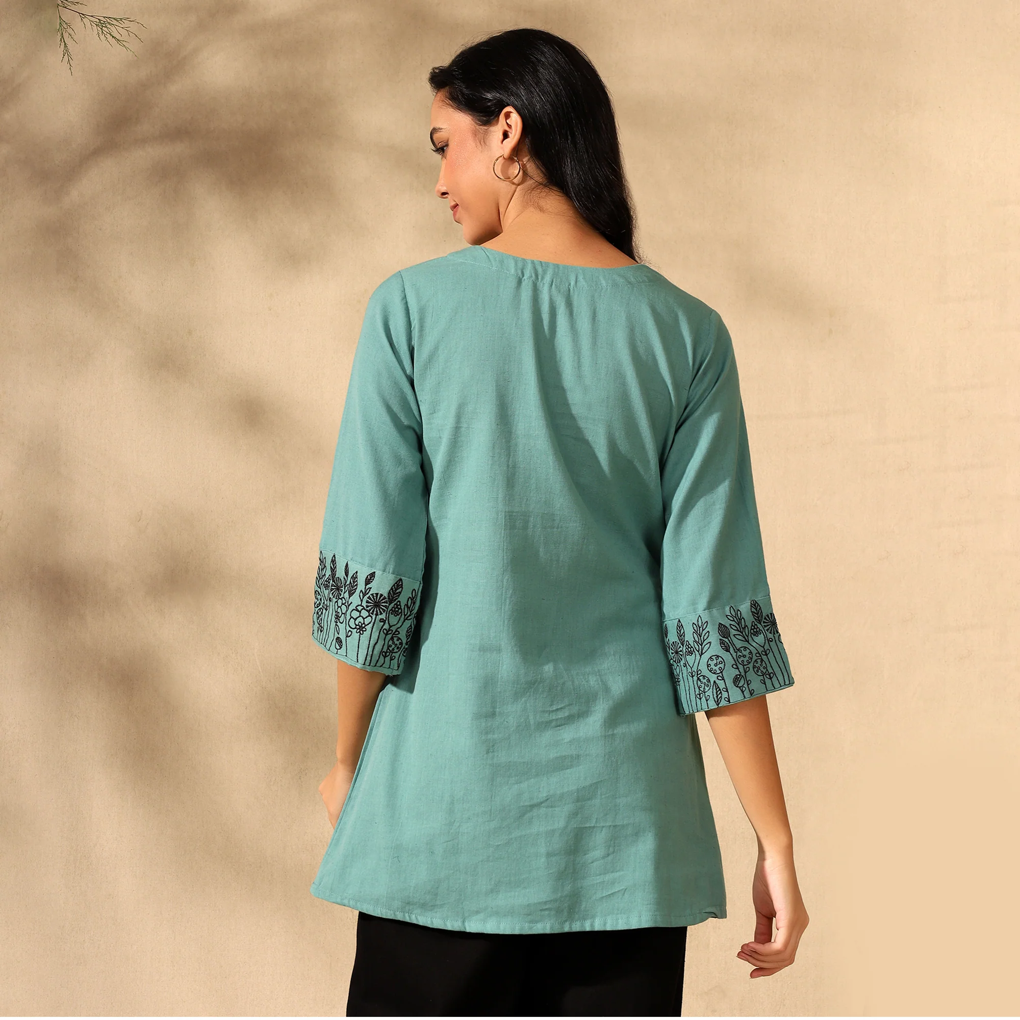 BOTANICAL EMBROIDERED COTTON KURTI FOR WOMEN | PERFECT FEMALE TUNIC FOR EVERYDAY WEAR | GREEN - Image 3