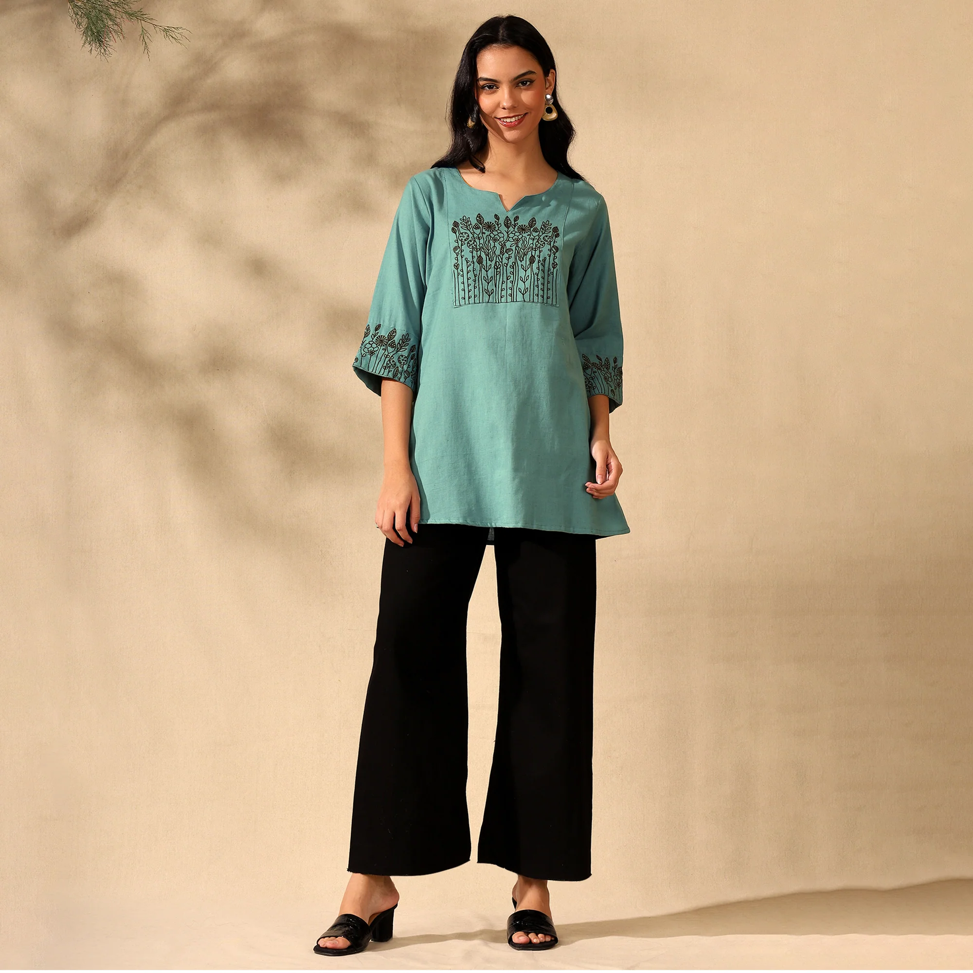 BOTANICAL EMBROIDERED COTTON KURTI FOR WOMEN | PERFECT FEMALE TUNIC FOR EVERYDAY WEAR | GREEN - Image 4