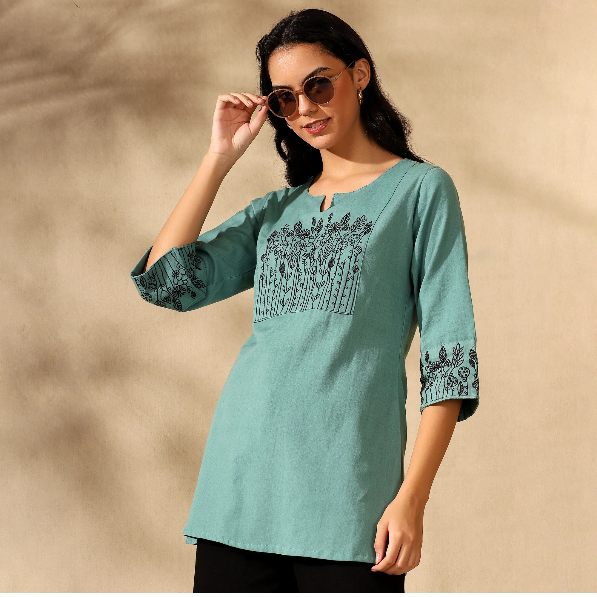 BOTANICAL EMBROIDERED COTTON KURTI FOR WOMEN | PERFECT FEMALE TUNIC FOR EVERYDAY WEAR | GREEN - Image 5