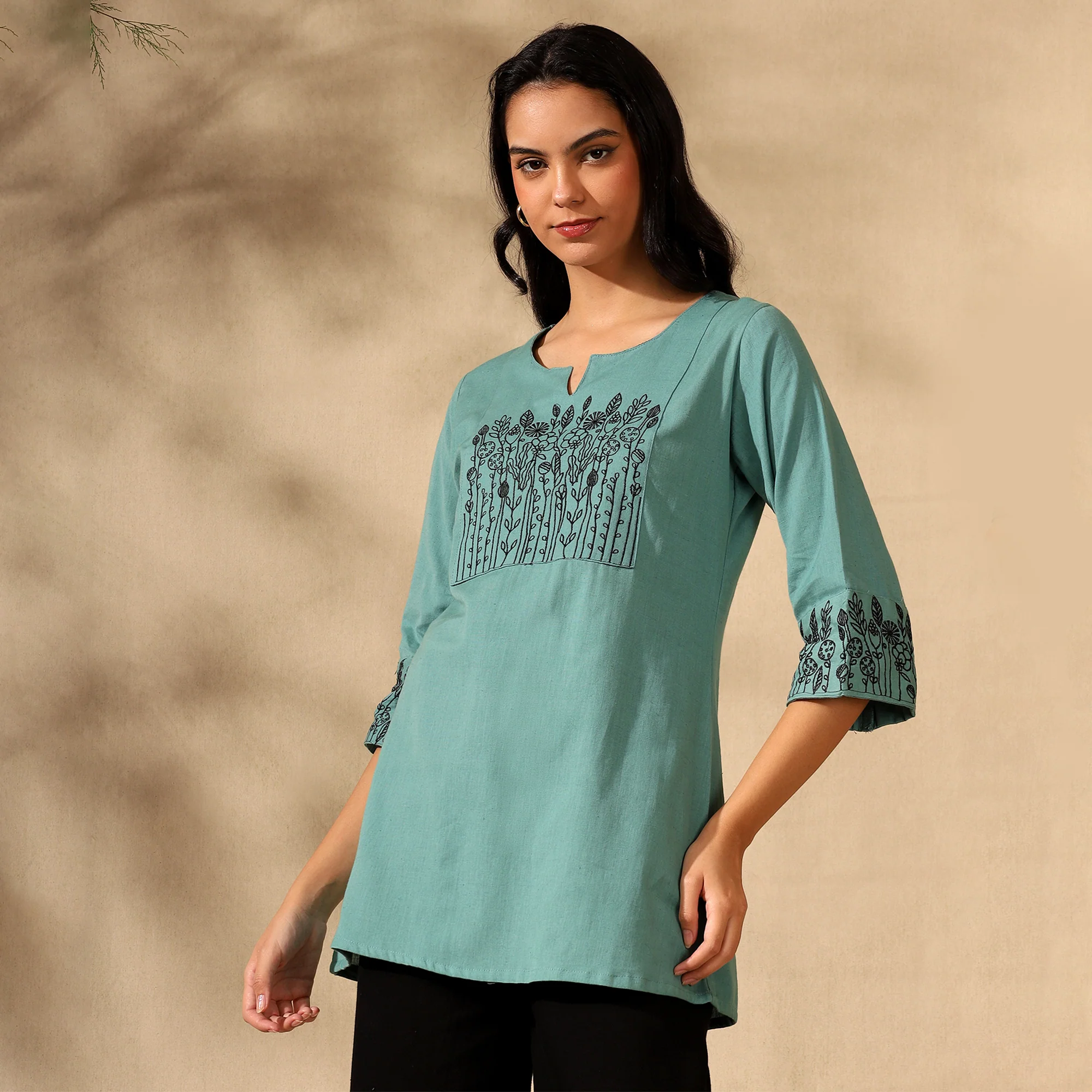 BOTANICAL EMBROIDERED COTTON KURTI FOR WOMEN | PERFECT FEMALE TUNIC FOR EVERYDAY WEAR | GREEN - Image 6