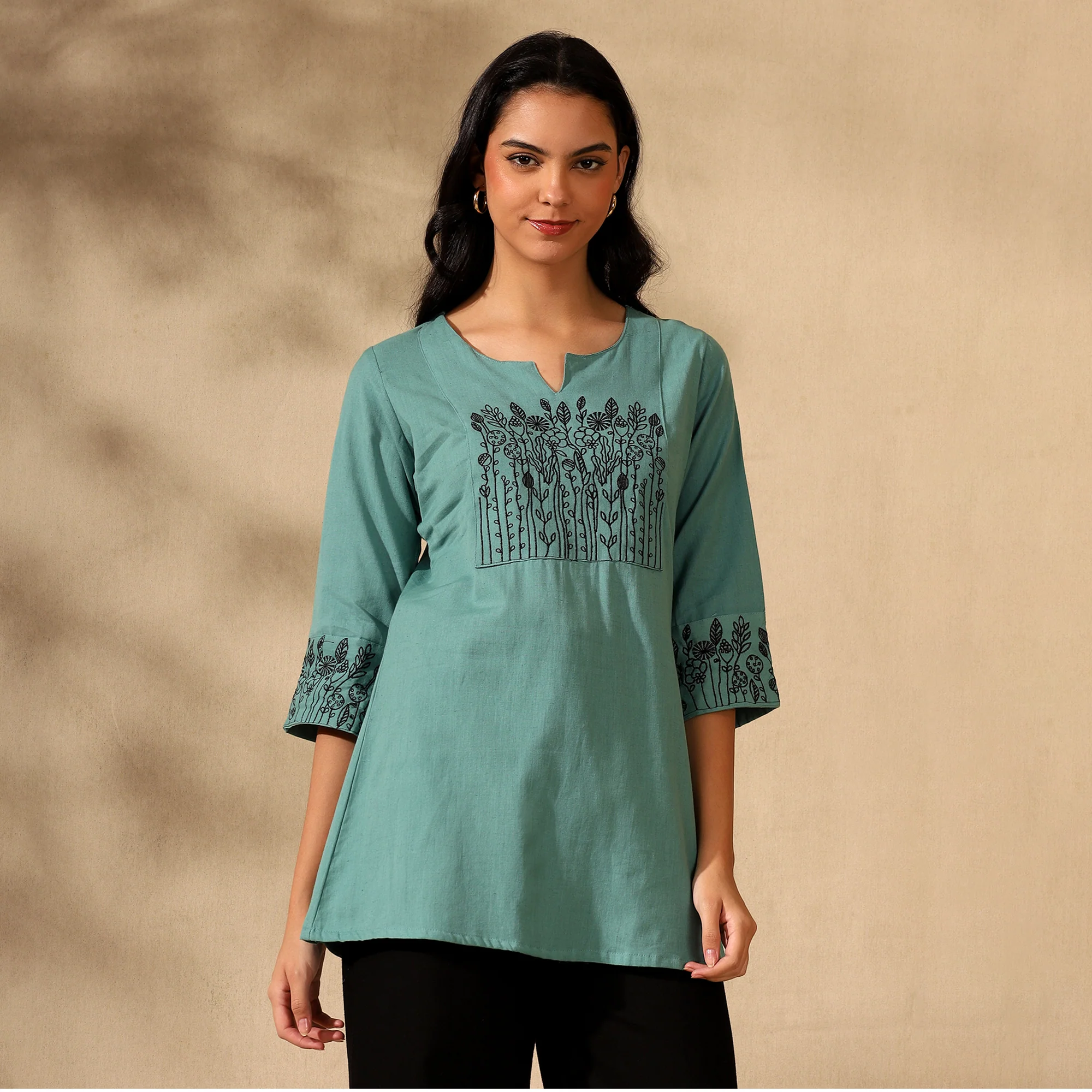 BOTANICAL EMBROIDERED COTTON KURTI FOR WOMEN | PERFECT FEMALE TUNIC FOR EVERYDAY WEAR | GREEN - Image 7