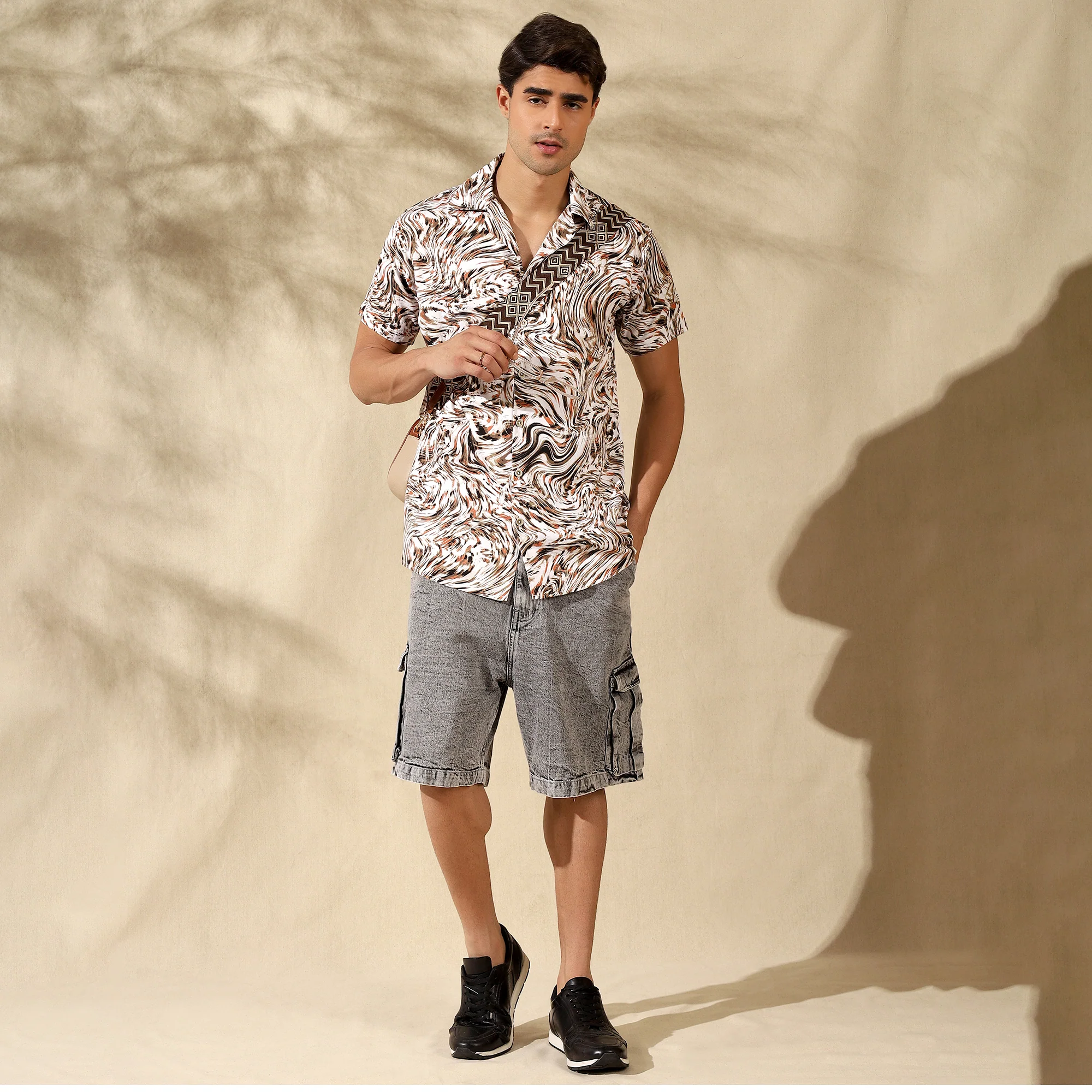 BROWN HALF CASUAL PRINTED COTTON SHIRT REGULAR FIT FOR MEN - Image 4