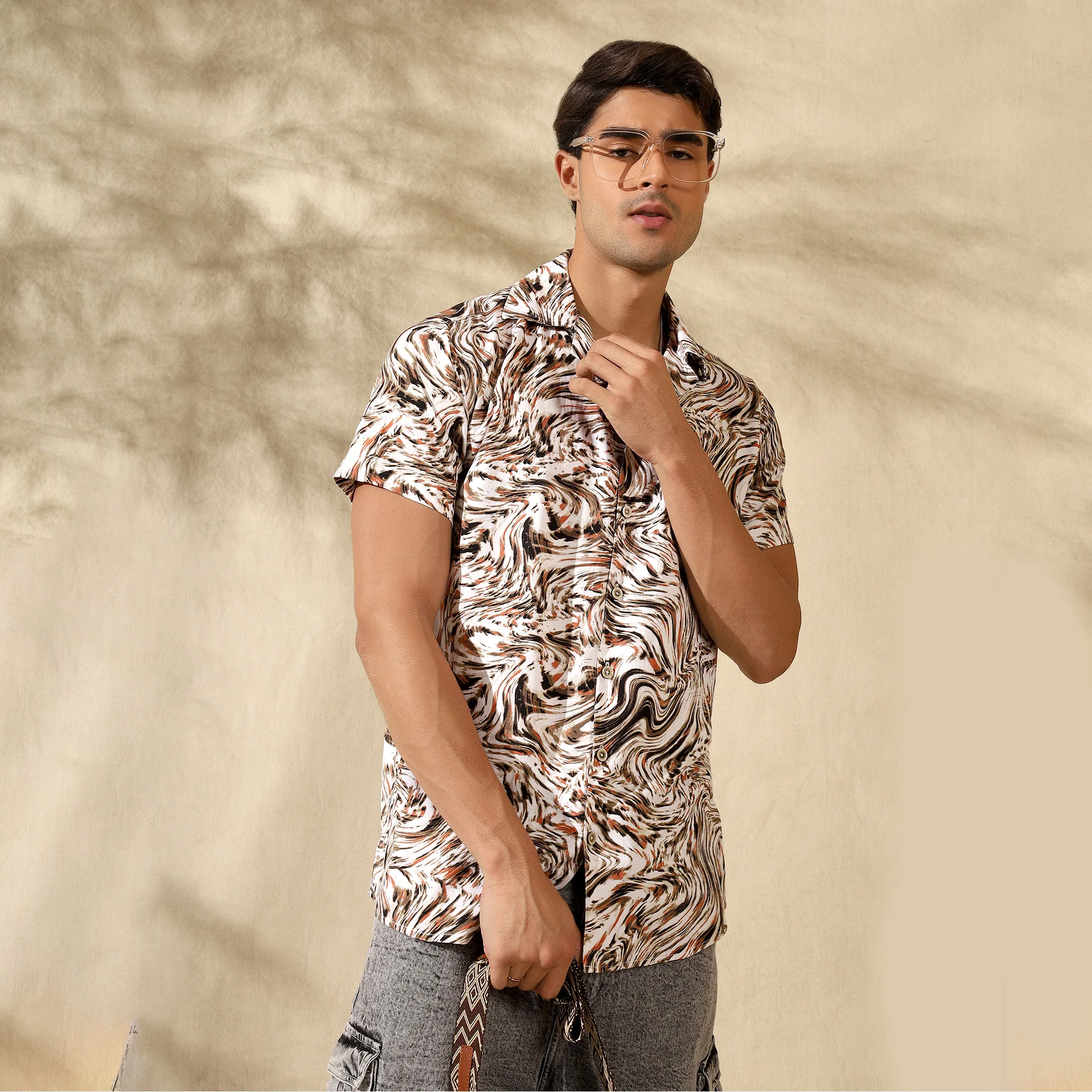 BROWN HALF CASUAL PRINTED COTTON SHIRT REGULAR FIT FOR MEN - Image 5