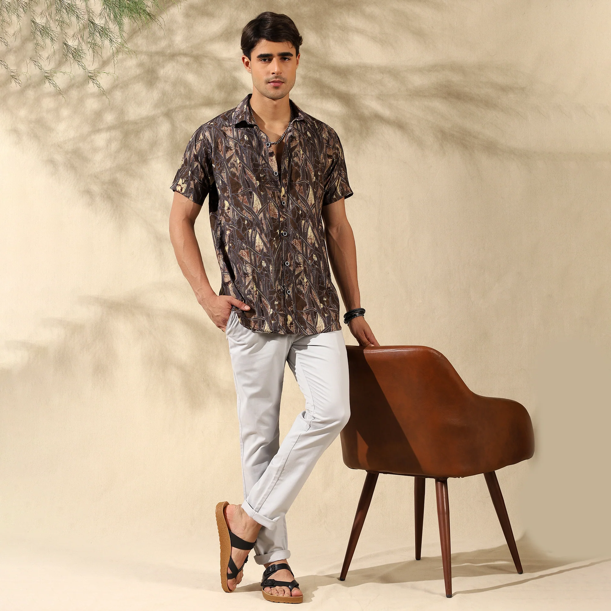 BROWN HALF CASUAL PRINTED COTTON SHIRT REGULAR FIT FOR MEN - Image 4