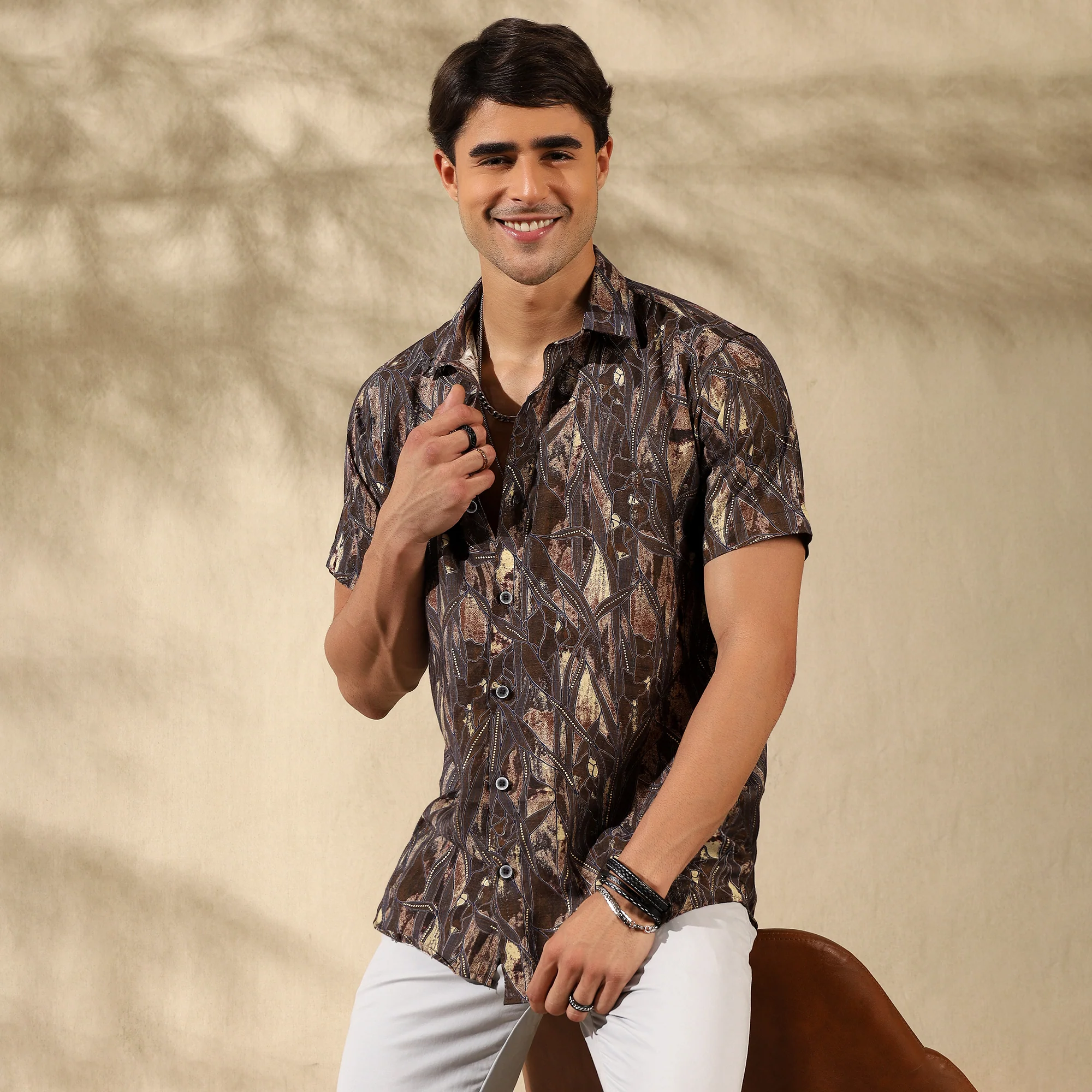 BROWN HALF CASUAL PRINTED COTTON SHIRT REGULAR FIT FOR MEN - Image 6
