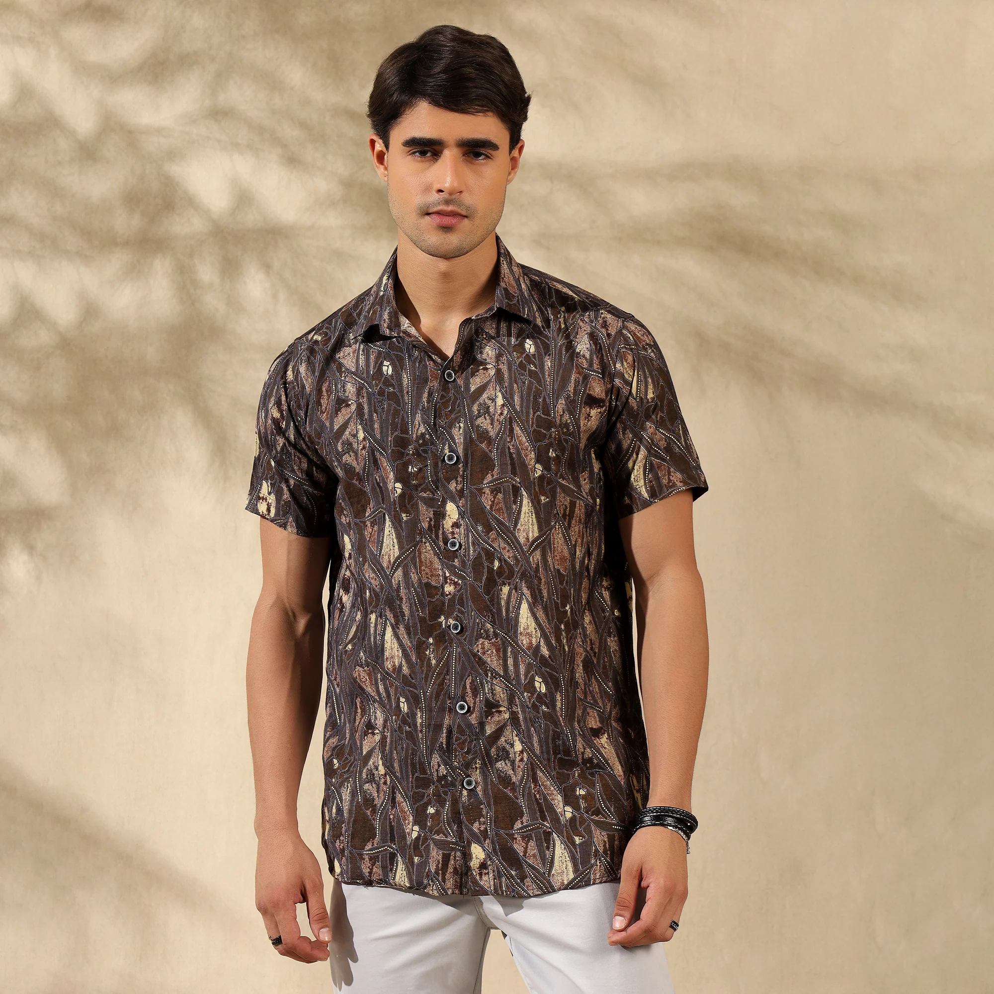 BROWN HALF CASUAL PRINTED COTTON SHIRT REGULAR FIT FOR MEN - Image 7