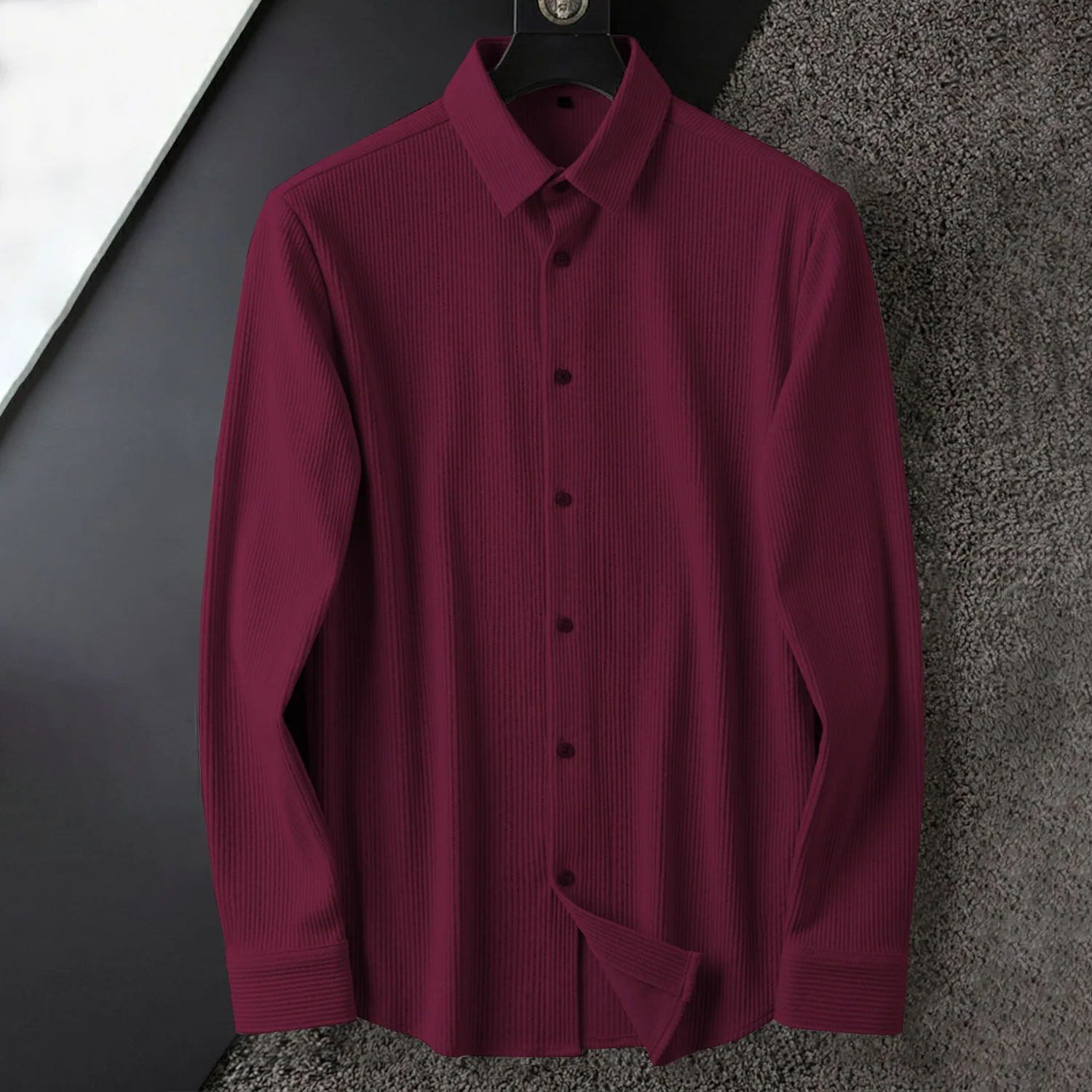 Corduroy Inspired Self-Cord Casual Shirts for Men Blended Fabric - Wine - Image 3