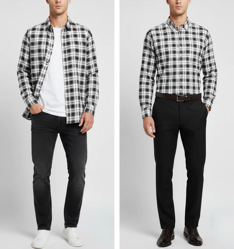 FORMAL COTTON CHECK SHIRTS FOR MEN - Black & White Plaid (Long Sleeve) - Image 3