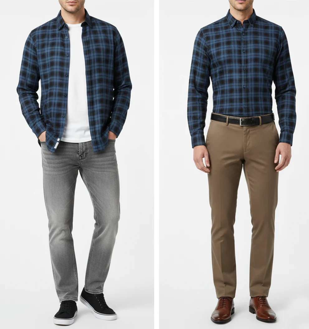 FORMAL COTTON CHECK SHIRTS FOR MEN - Blue Plaid (Long Sleeve) - Image 3