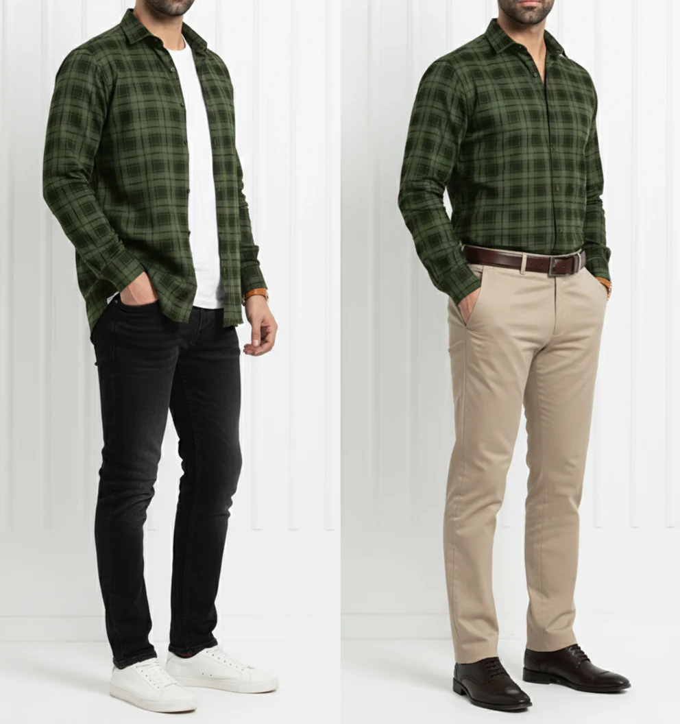 FORMAL COTTON CHECK SHIRTS FOR MEN - Green Plaid (Long Sleeve) - Image 3