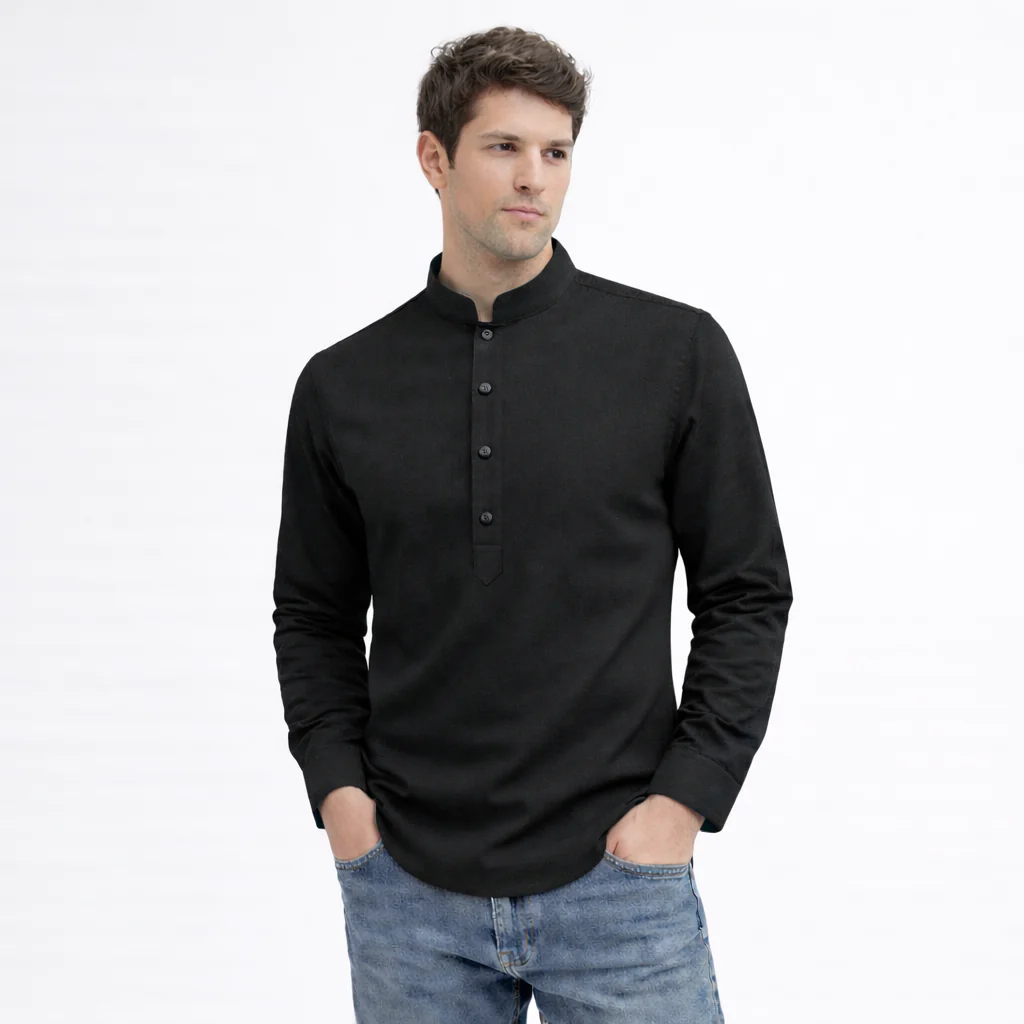 Cotton Chinese Collar Short Kurta for Men | Traditional Nehru Ethnic Shirts | Daily Wear-Black - Image 3
