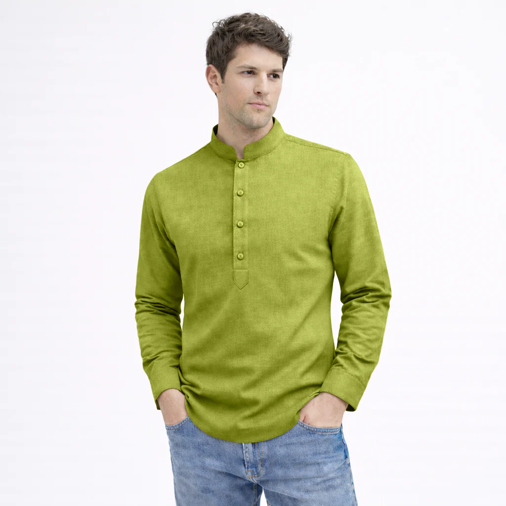 Cotton Chinese Collar Short Kurta for Men | Traditional Nehru Ethnic Shirts | Daily Wear-Mehendi Green - Image 3