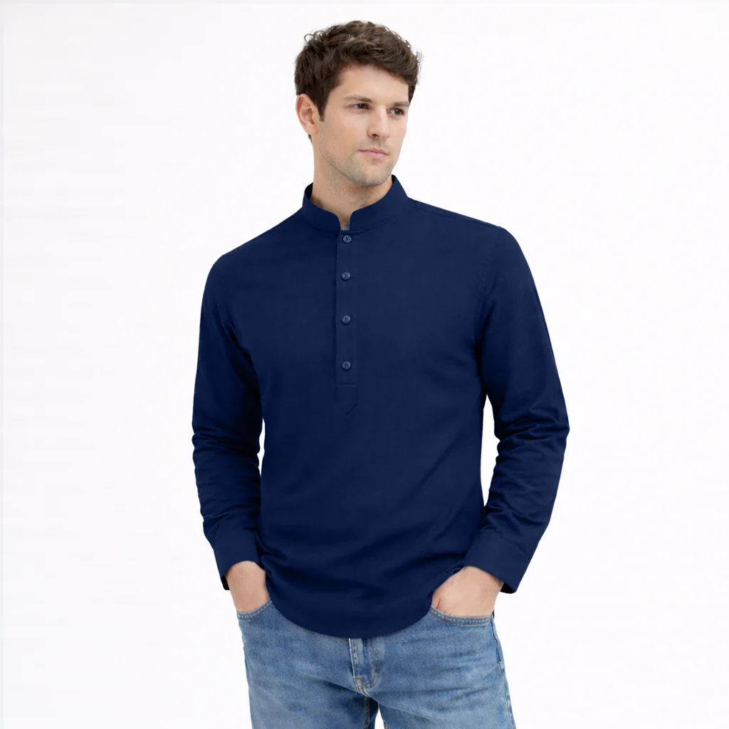 Cotton Chinese Collar Short Kurta for Men | Traditional Nehru Ethnic Shirts | Daily Wear-Navy Blue - Image 3