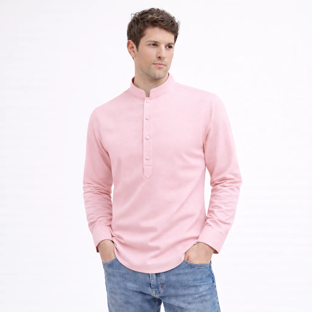 Cotton Chinese Collar Short Kurta for Men | Traditional Nehru Ethnic Shirts | Daily Wear-Pink - Image 3