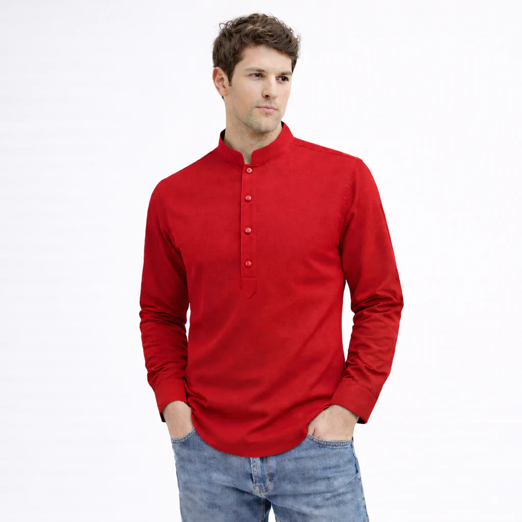 Cotton Chinese Collar Short Kurta for Men | Traditional Nehru Ethnic Shirts | Daily Wear-Red - Image 3