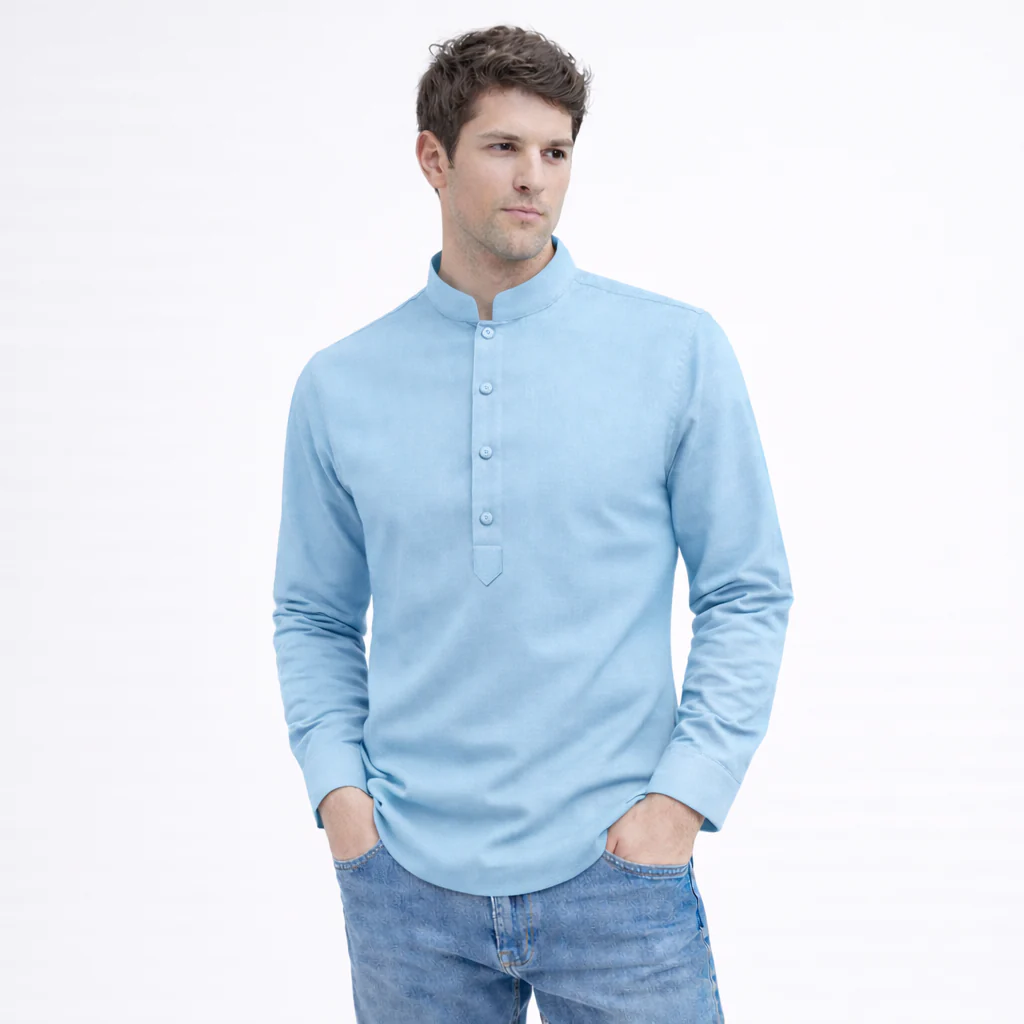 Cotton Chinese Collar Short Kurta for Men | Traditional Nehru Ethnic Shirts | Daily Wear-Sky - Image 3