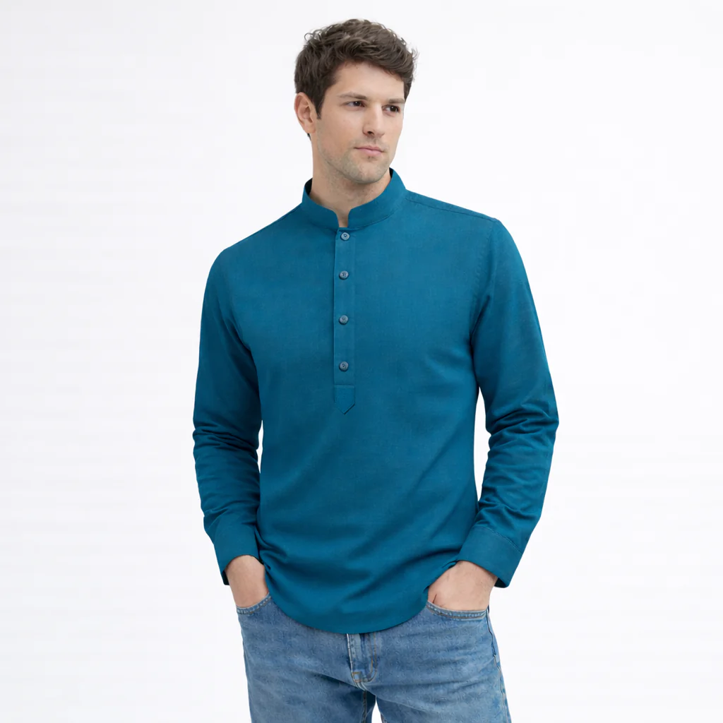 Cotton Chinese Collar Short Kurta for Men | Traditional Nehru Ethnic Shirts | Daily Wear-Teal Blue - Image 3