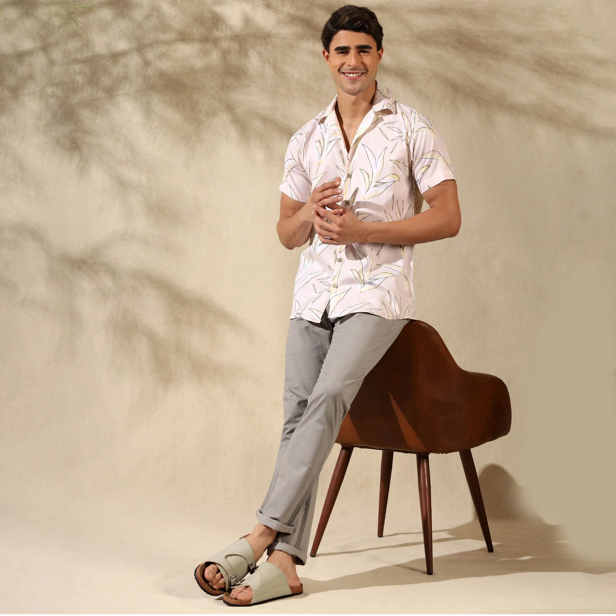 CREAM HALF CASUAL PRINTED COTTON SHIRT REGULAR FIT FOR MEN - Image 4