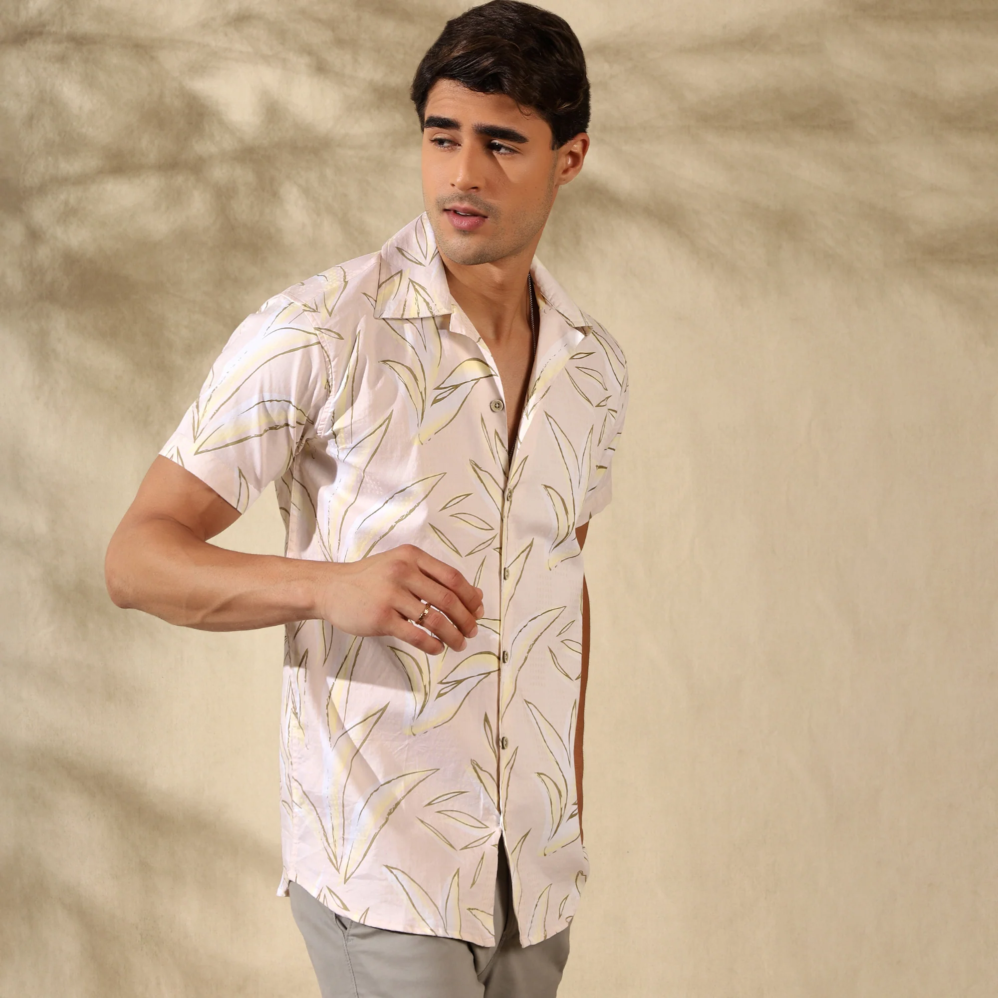 CREAM HALF CASUAL PRINTED COTTON SHIRT REGULAR FIT FOR MEN - Image 5