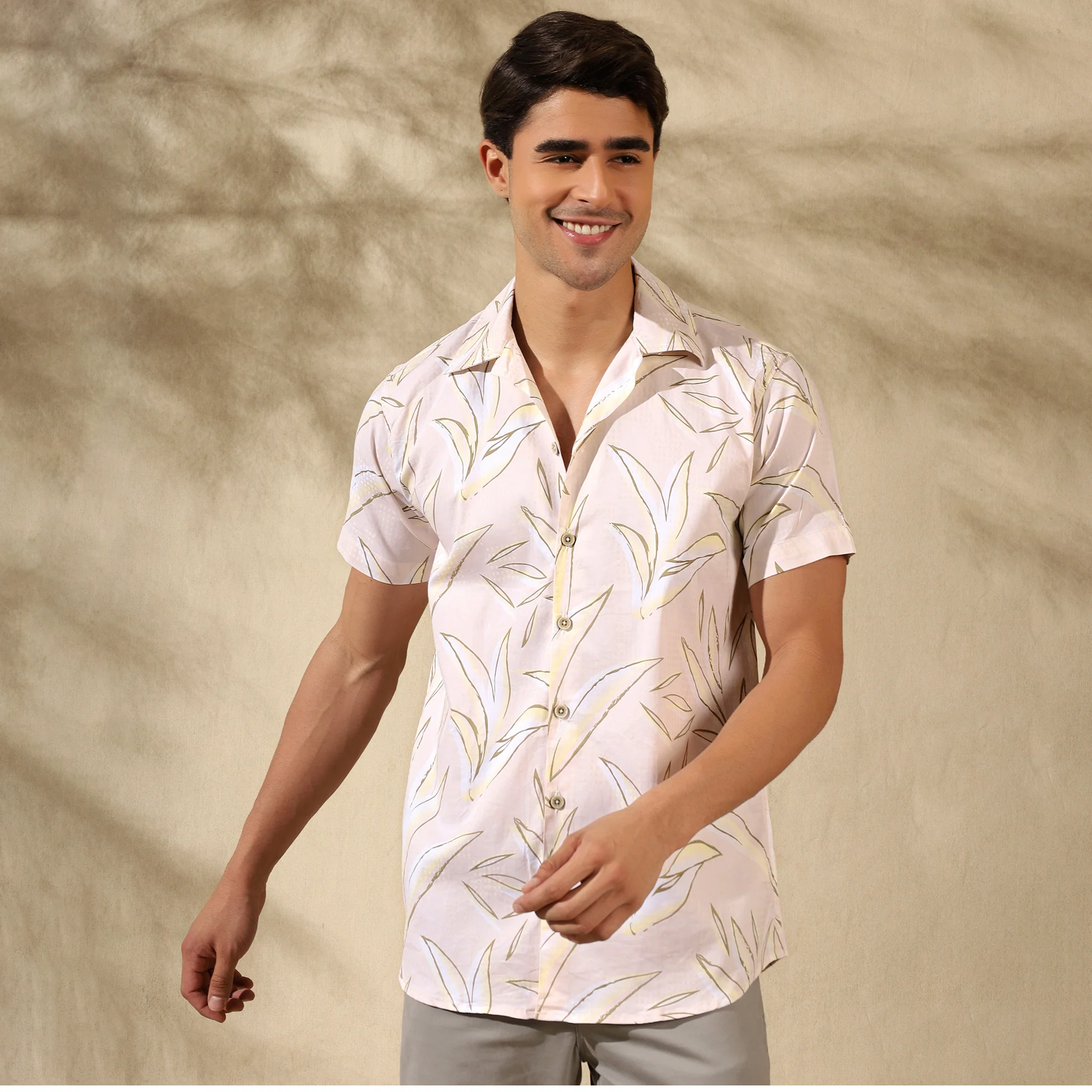 CREAM HALF CASUAL PRINTED COTTON SHIRT REGULAR FIT FOR MEN - Image 7