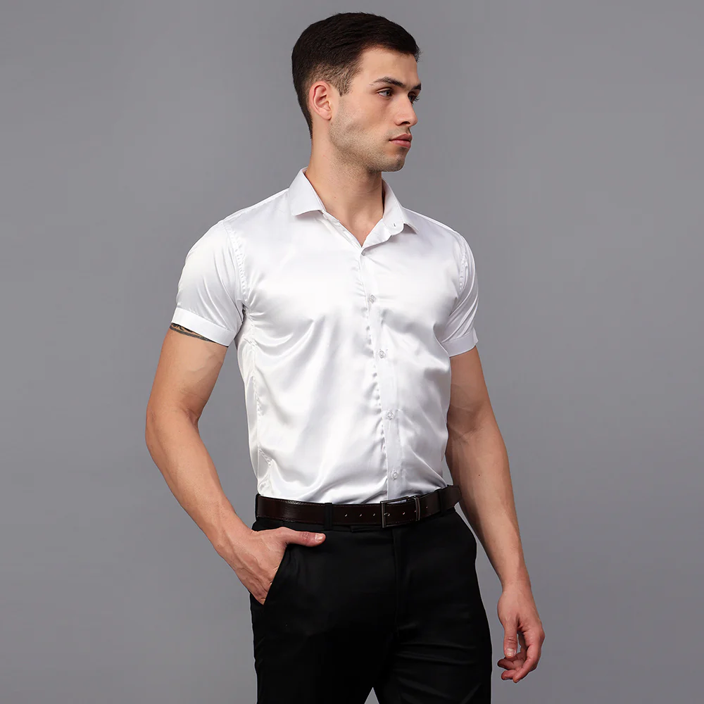 Men’s Satin Half Sleeve Formal Shirt – Premium Soft & Shiny Finish-White - Image 4