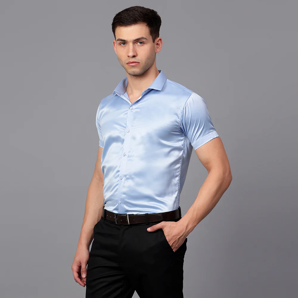 Men’s Satin Half Sleeve Formal Shirt – Premium Soft & Shiny Finish-Sky Blue - Image 4